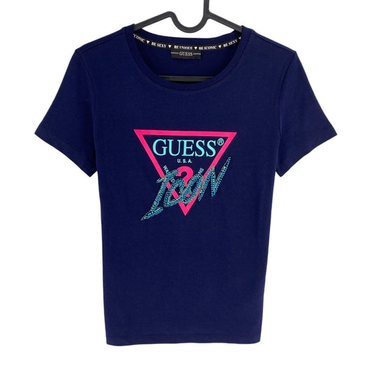 GUESS Women Navy Blue Logo Crew Neck Short Sleeves T Shirt Size XS