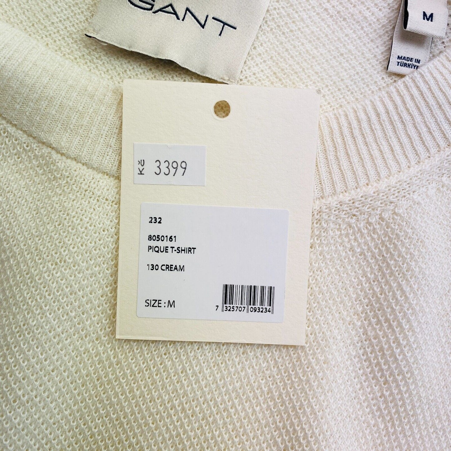 GANT Men Beige Pique Crew Neck Short Sleeve T Shirt Size M