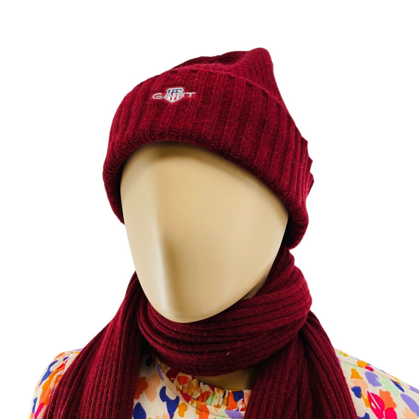 GANT Dark Red Unisex Adult Wool Knit Hat Beanie Scarf Gift One Size