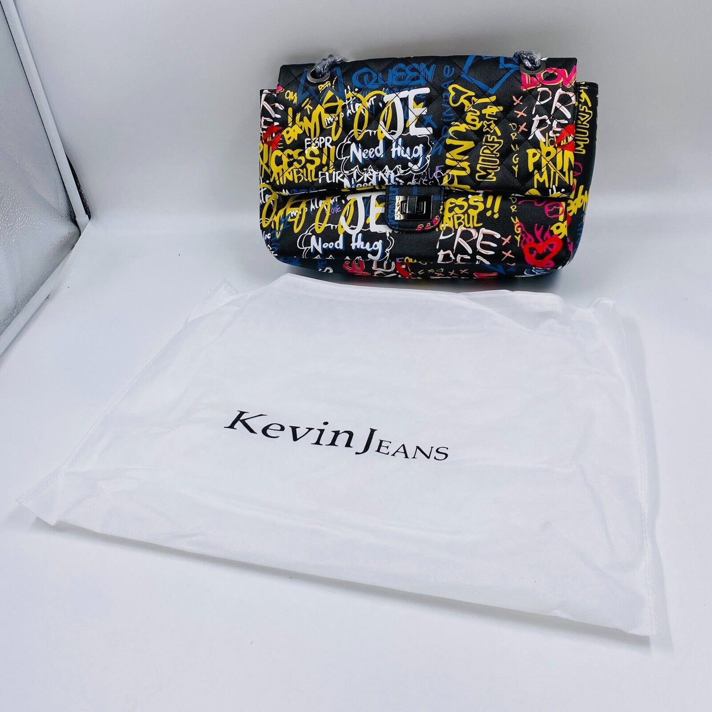 Kevin Jeans Women Black Eco Leather Graffiti Pattern Crossbody Shoulder Bag