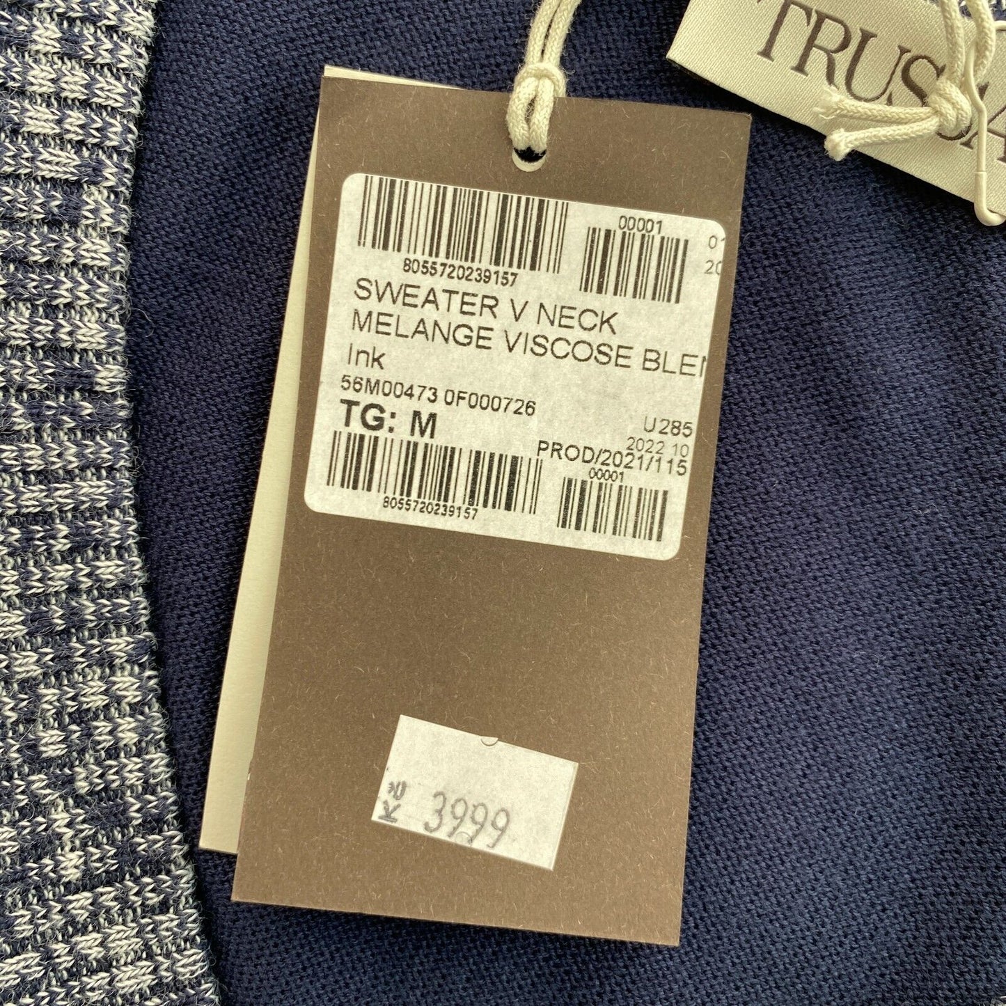 TRUSSARDI Marineblaue Strickbluse mit V-Ausschnitt und kurzen Ärmeln, Größe M