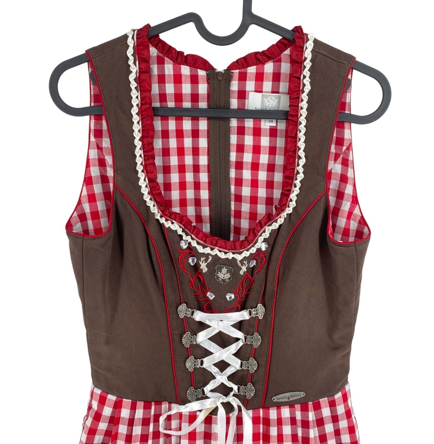 Spieth &amp; Wensky Tiroler Dirndl Oktoberfest Rot kariertes Kleid Größe EU 34 UK 6 US 4