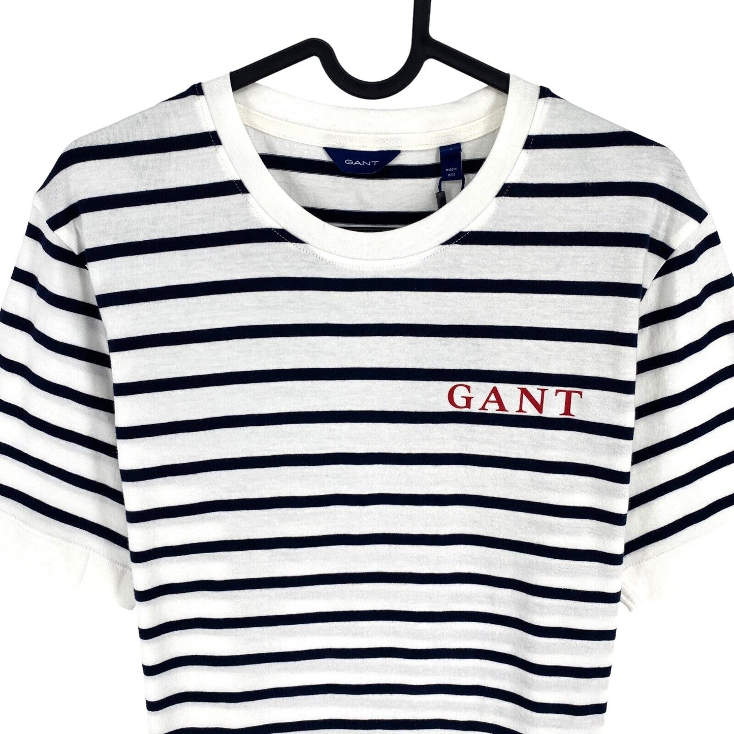 GANT Women Navy Blue Logo Striped Crew Neck Short Sleeve T Shirt Size S