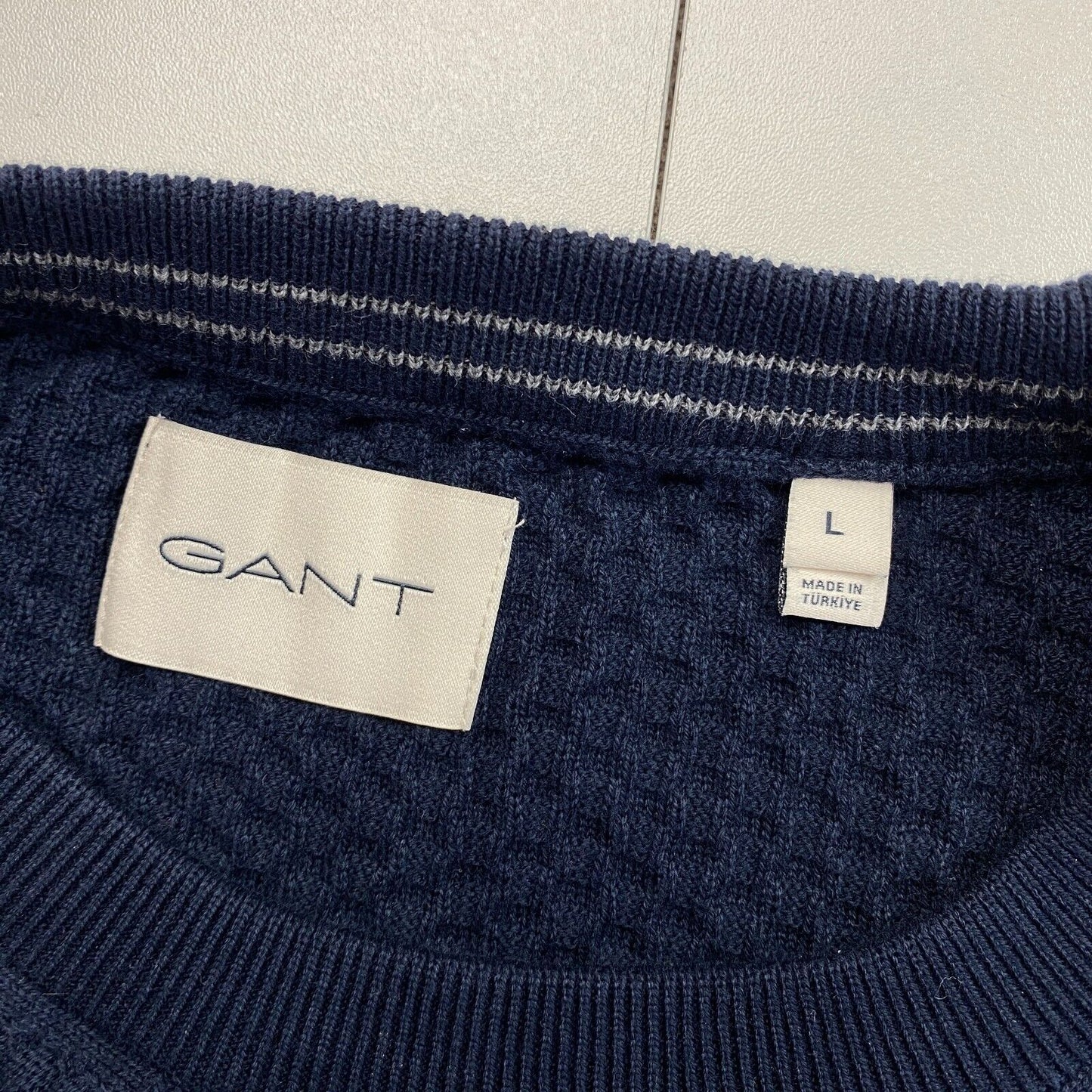 GANT Bleu Marine Texturé Coton Crew Neck Jumper Pull Taille L