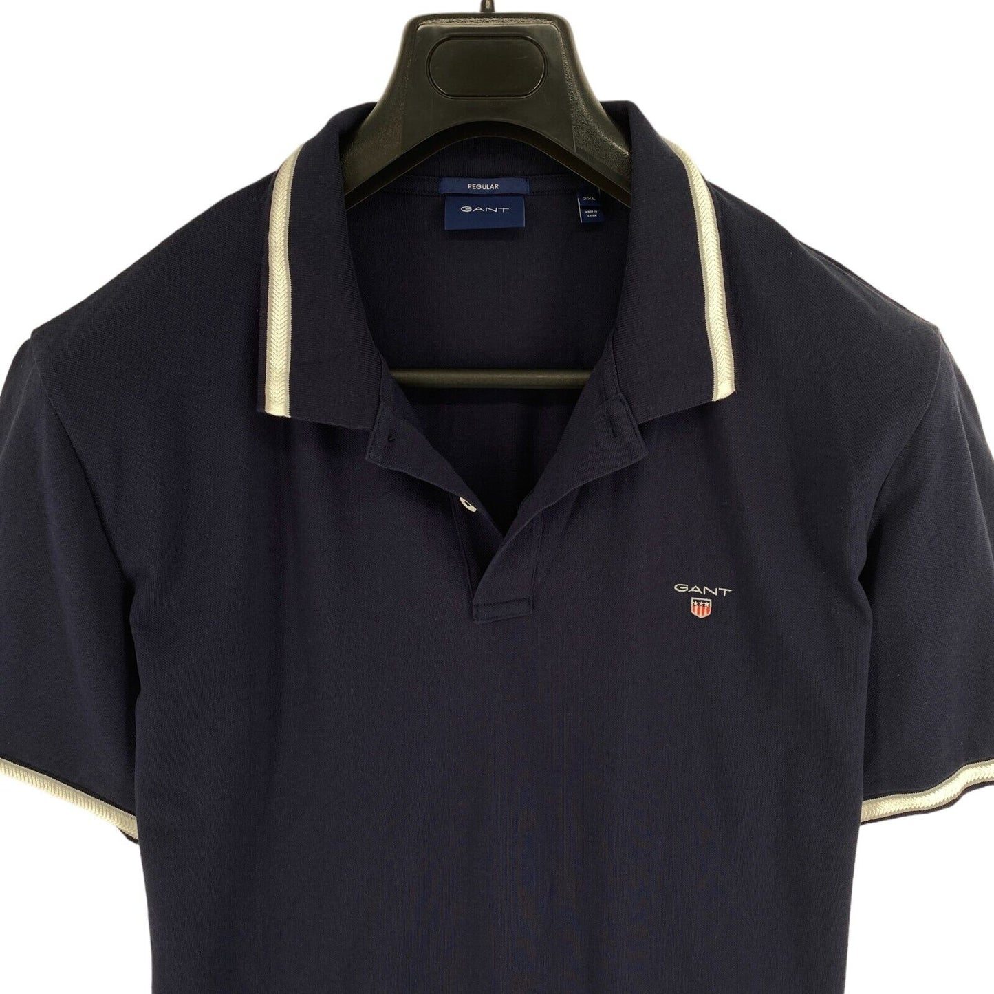 GANT Men Navy Blue Herringbone Tipping Pique Short Sleeve Polo Shirt Size 2XL