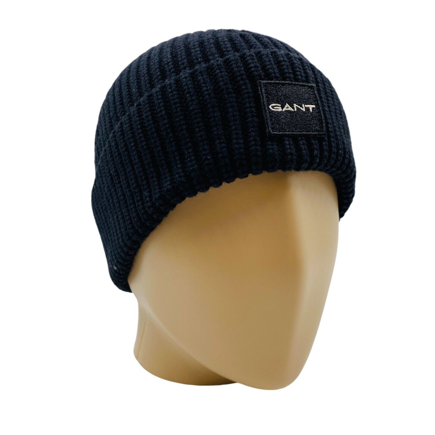 GANT Unisex Adult Black Cotton Wool Blend Rib Knit Beanie Winter Hat One Size