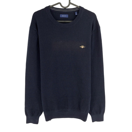 GANT Men Navy Blue Cotton Texture Crew Neck Sweater Jumper Size L