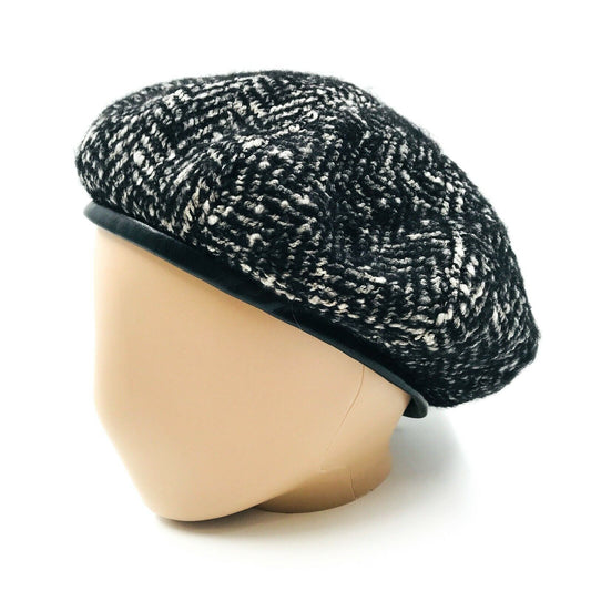 Persona Black White Wool Blend & Leather Beret Hat One Size