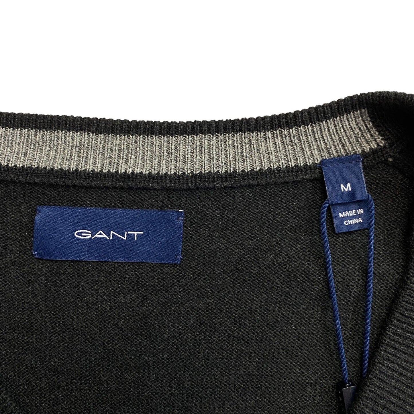 GANT Dark Grey Classic Cotton V Neck Sweater Jumper Size M