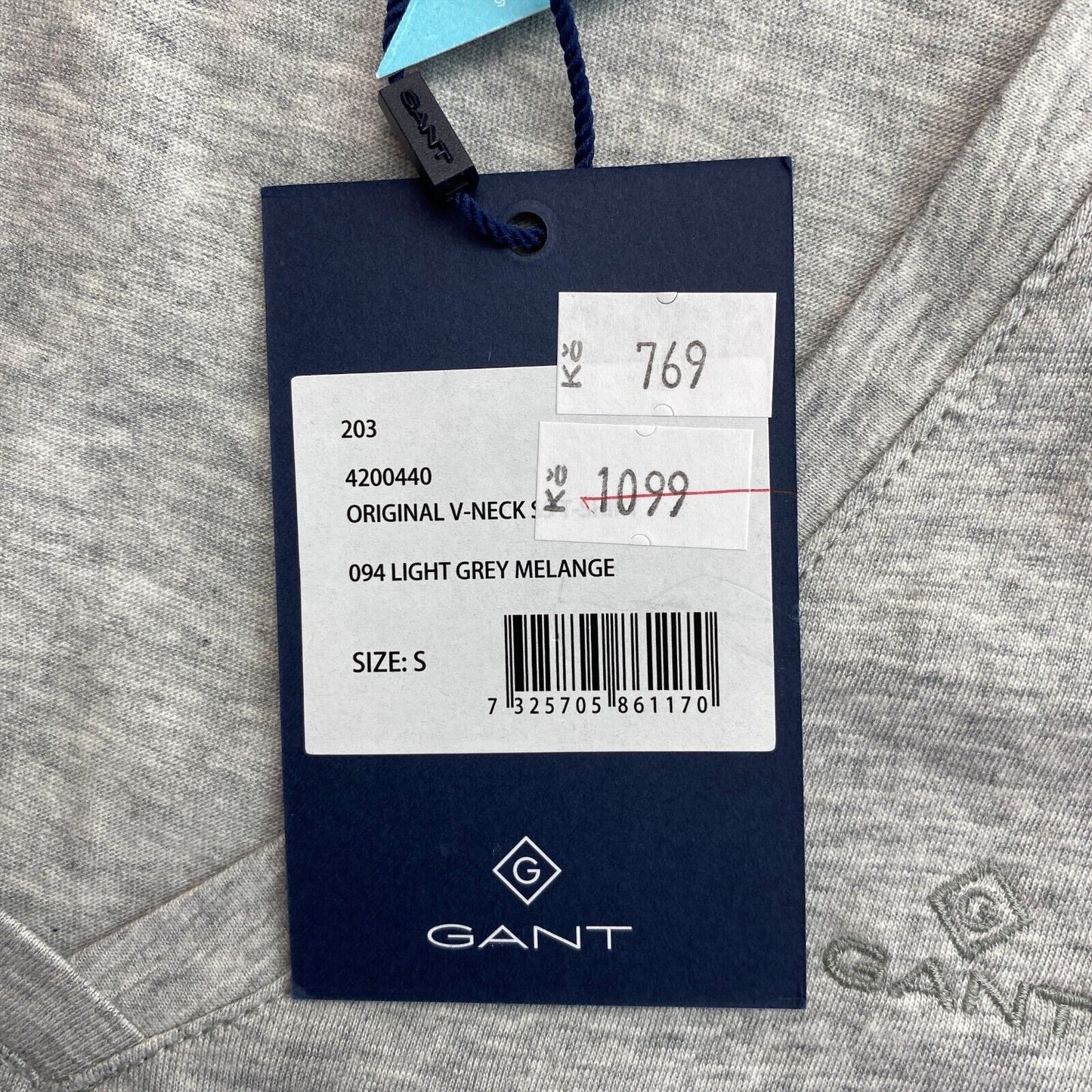 GANT Graues Original T-Shirt mit V-Ausschnitt, Größe S