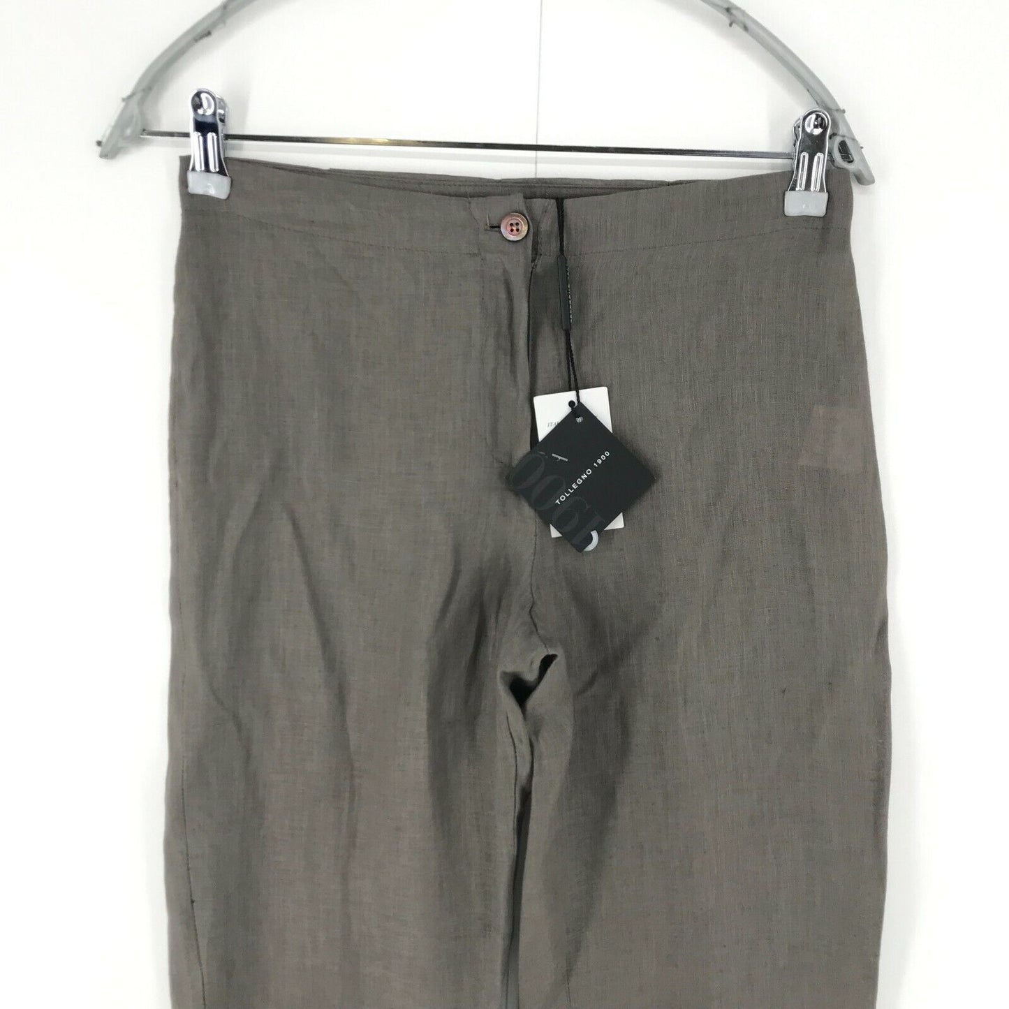 TOLLEGNO 1900 Women Grey Regular Straight Fit Linen Trousers Size EUR 40 W28