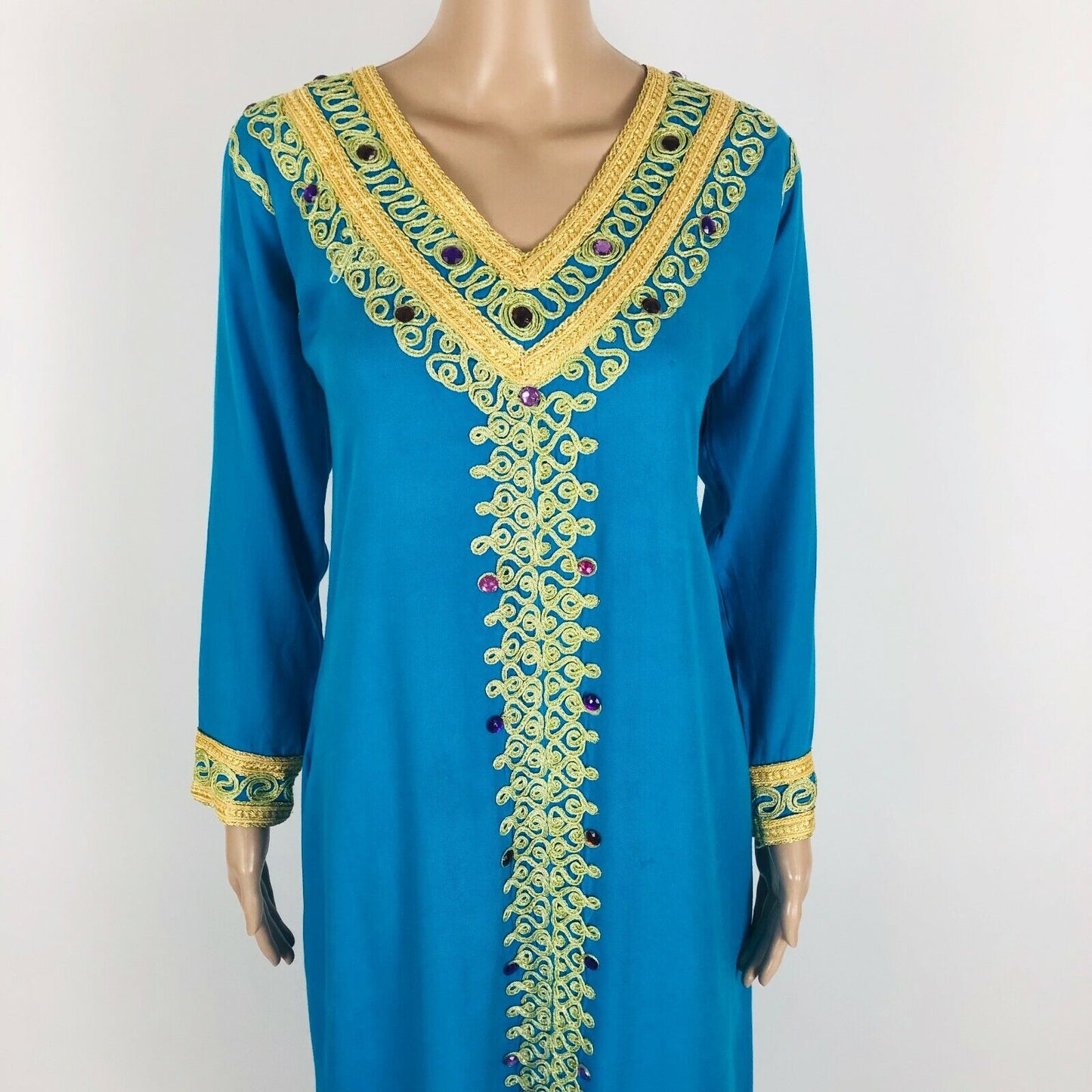 Robe tunique longue caftan brodée en or bleu fait à la main sans marque Taille M