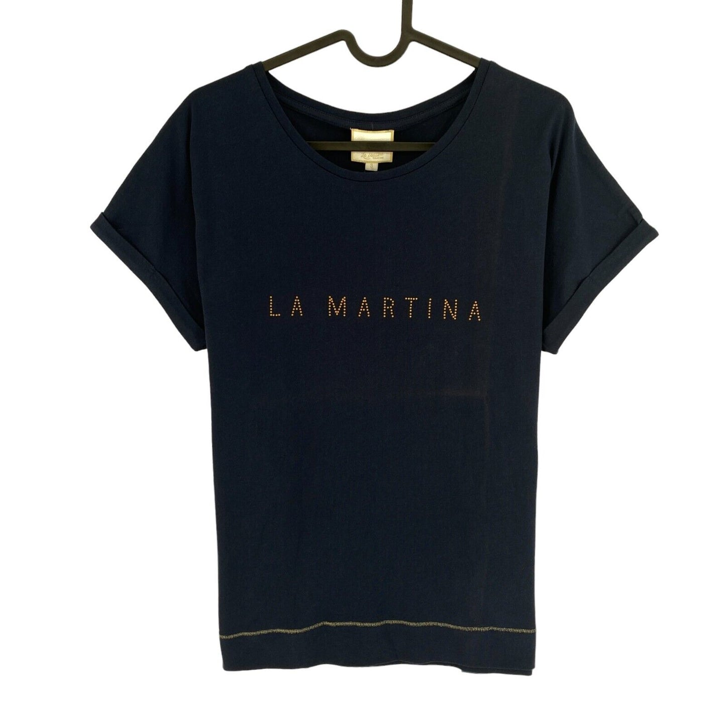 LA MARTINA Women Navy Blue Crew Neck Short Sleeves T Shirt Size 3 / M