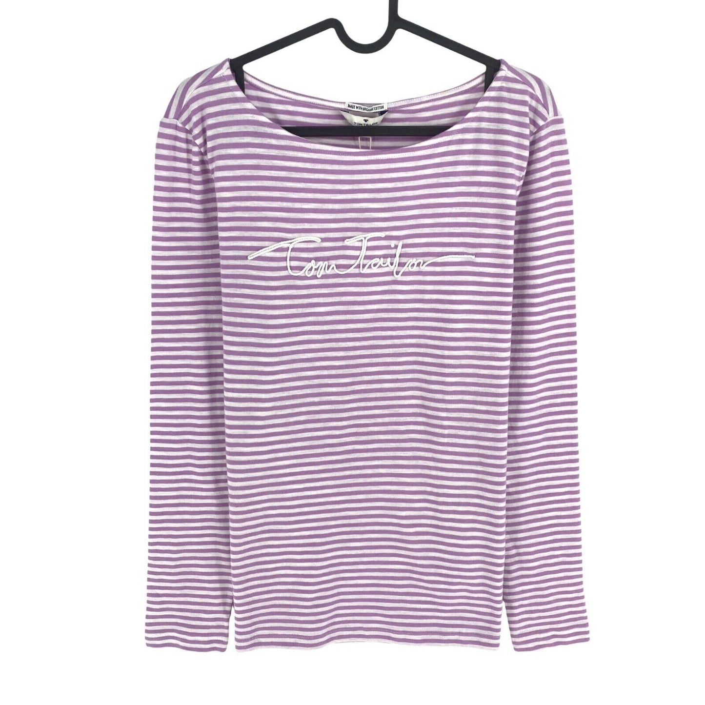 TOM TAILOR Women Light Purple Striped Boat Neck Long Sleeve T Shirt Size M