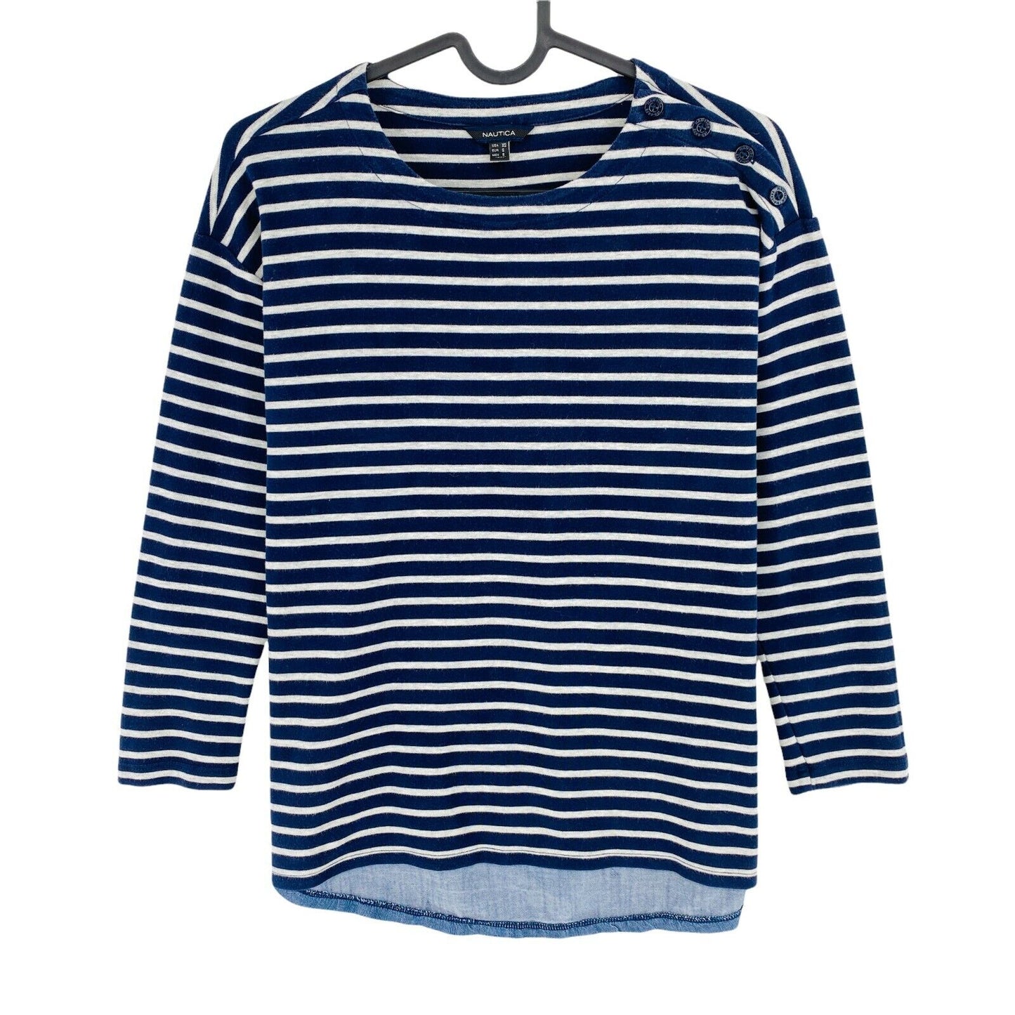 NAUTICA Bleu Marine Rayé Manches Longues Ras du Cou Blouse T-Shirt Taille S