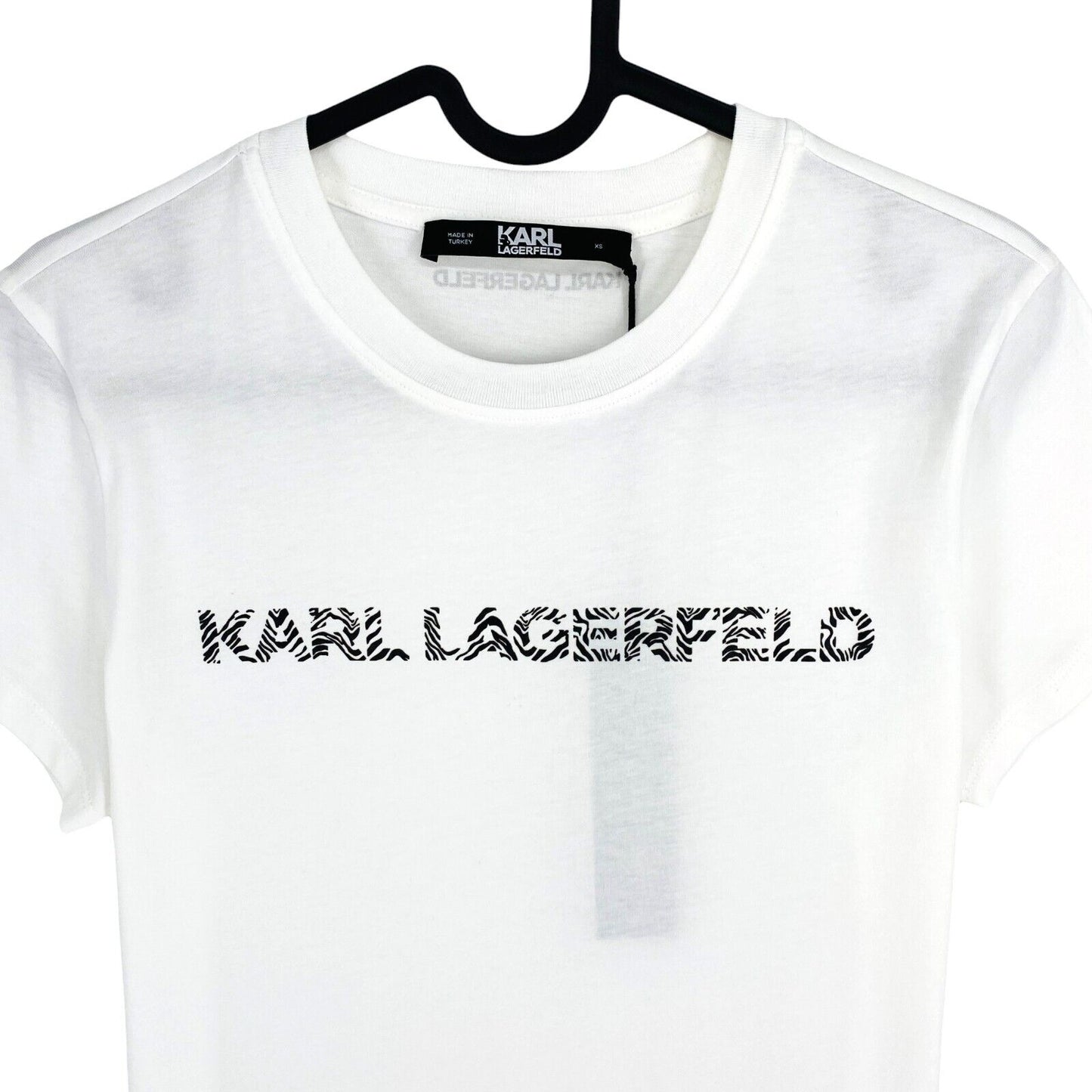 Karl Lagerfeld Women White Elongated Zebra Logo Crew Neck SS T Shirt Size XS