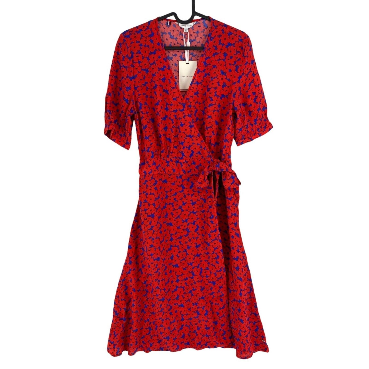 TOMMY HILFIGER Women Red Floral Crepe Wrap Knee SS Dress Size EU 34 UK 6 US 2