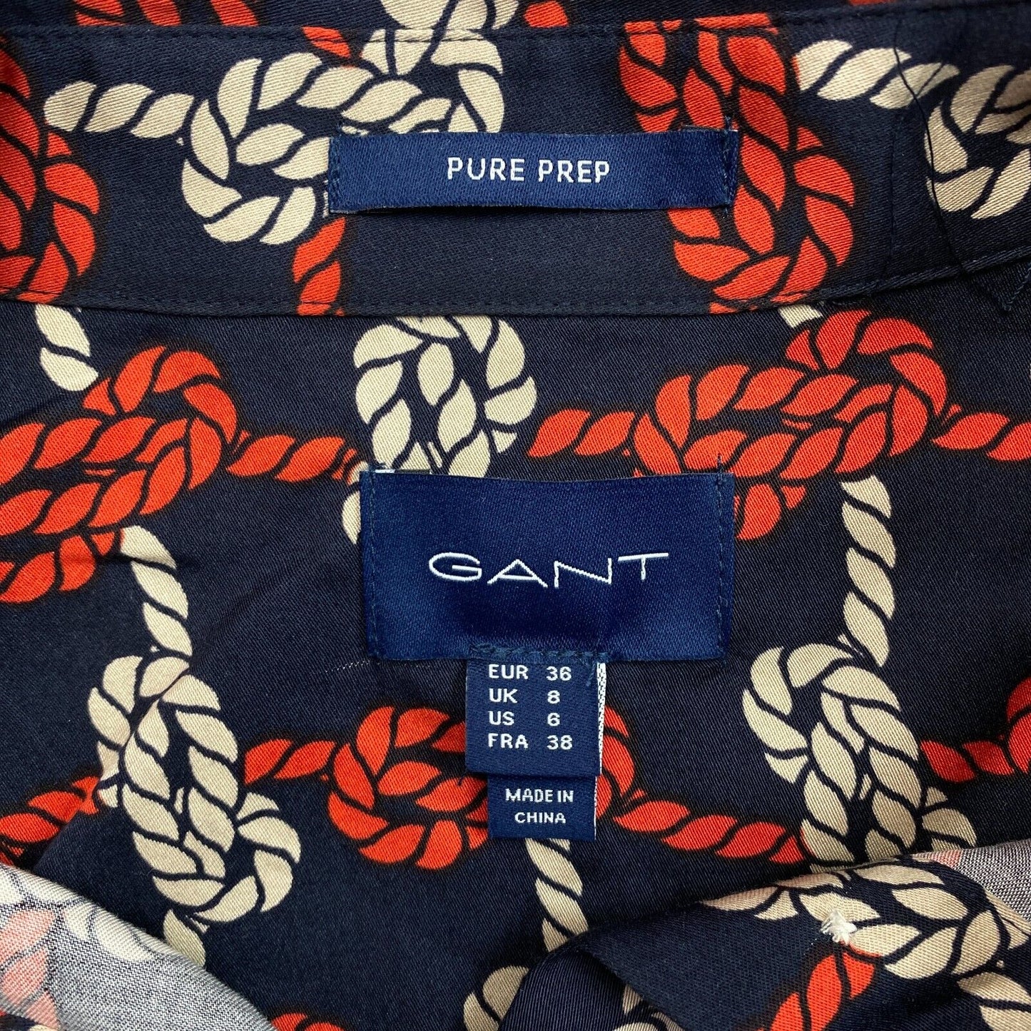 GANT Bleu Marine Pure Prep Knot Print Robe chemise à manches longues Taille EU 36 UK 8 US 6