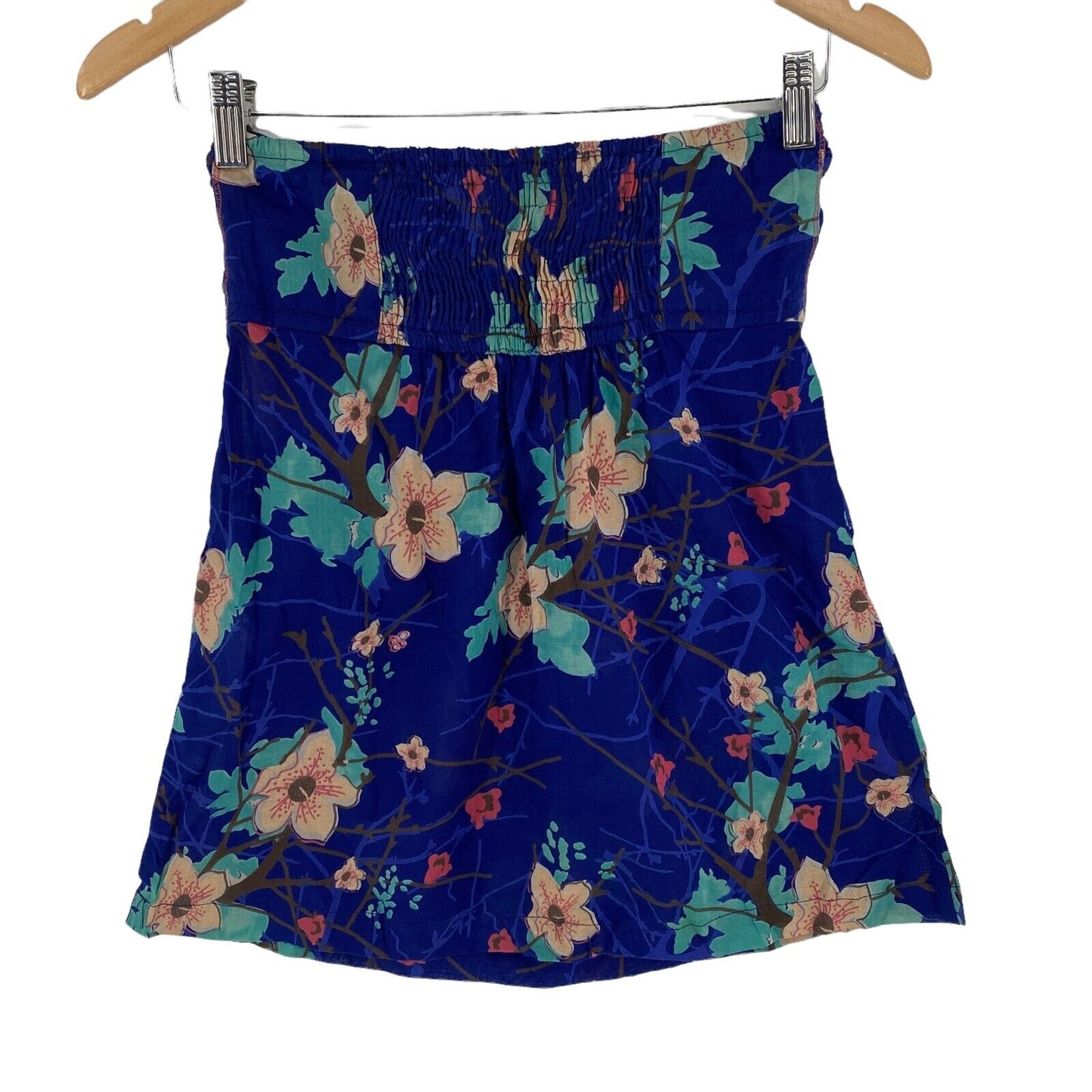 Stradivarius Floral Navy Blue 100% Cotton Sleeveless Strapless Top Blouse Size S