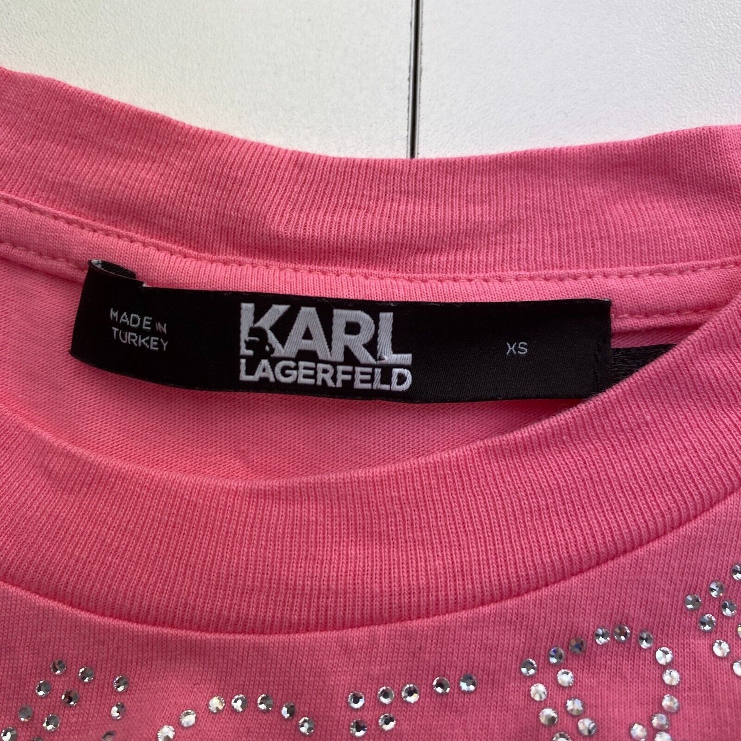 Karl Lagerfeld Pink Rhinestone Logo Crew Neck T Shirt Size XS