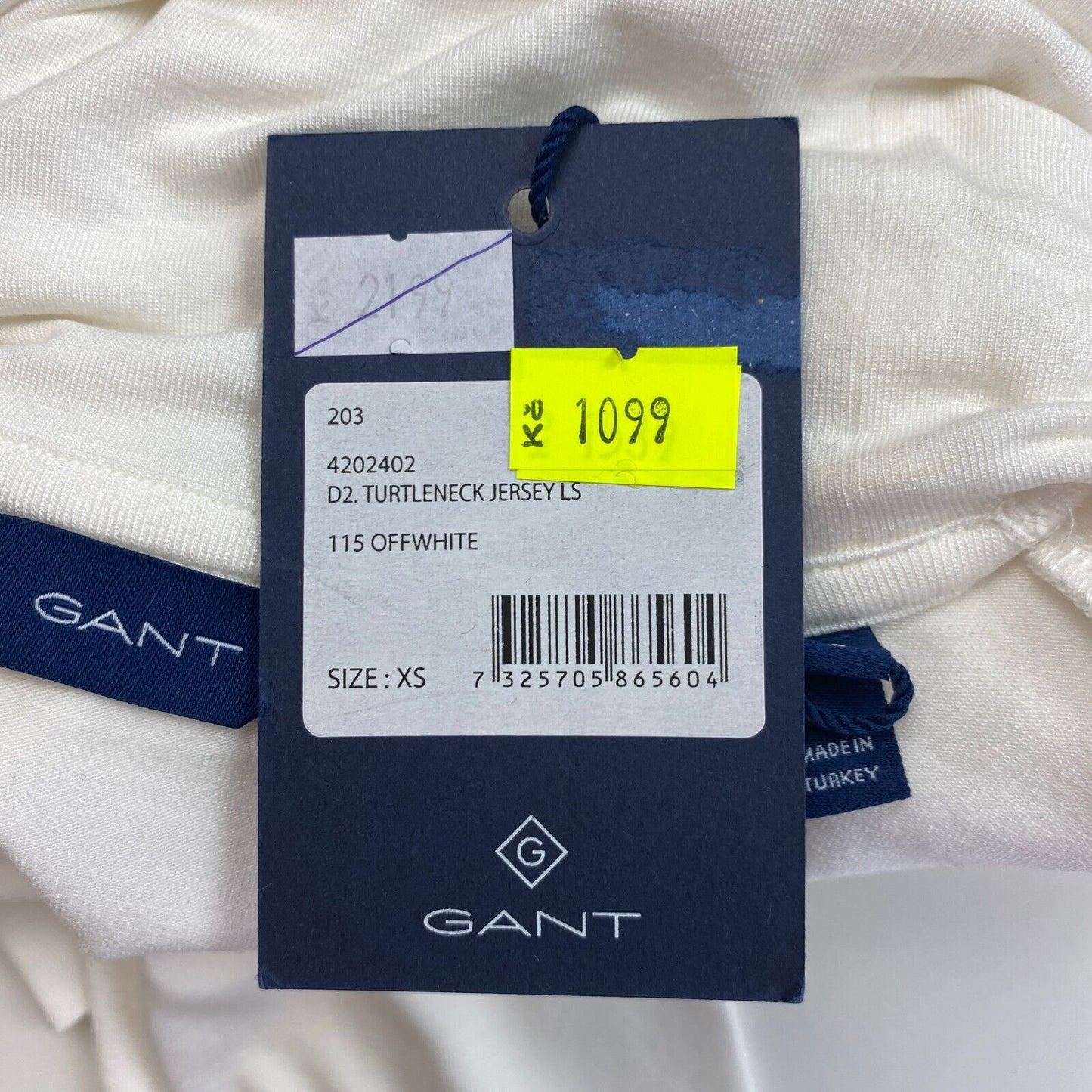 GANT Blanc Jersey Manches Longues Col Roulé T Petit Haut Taille XS