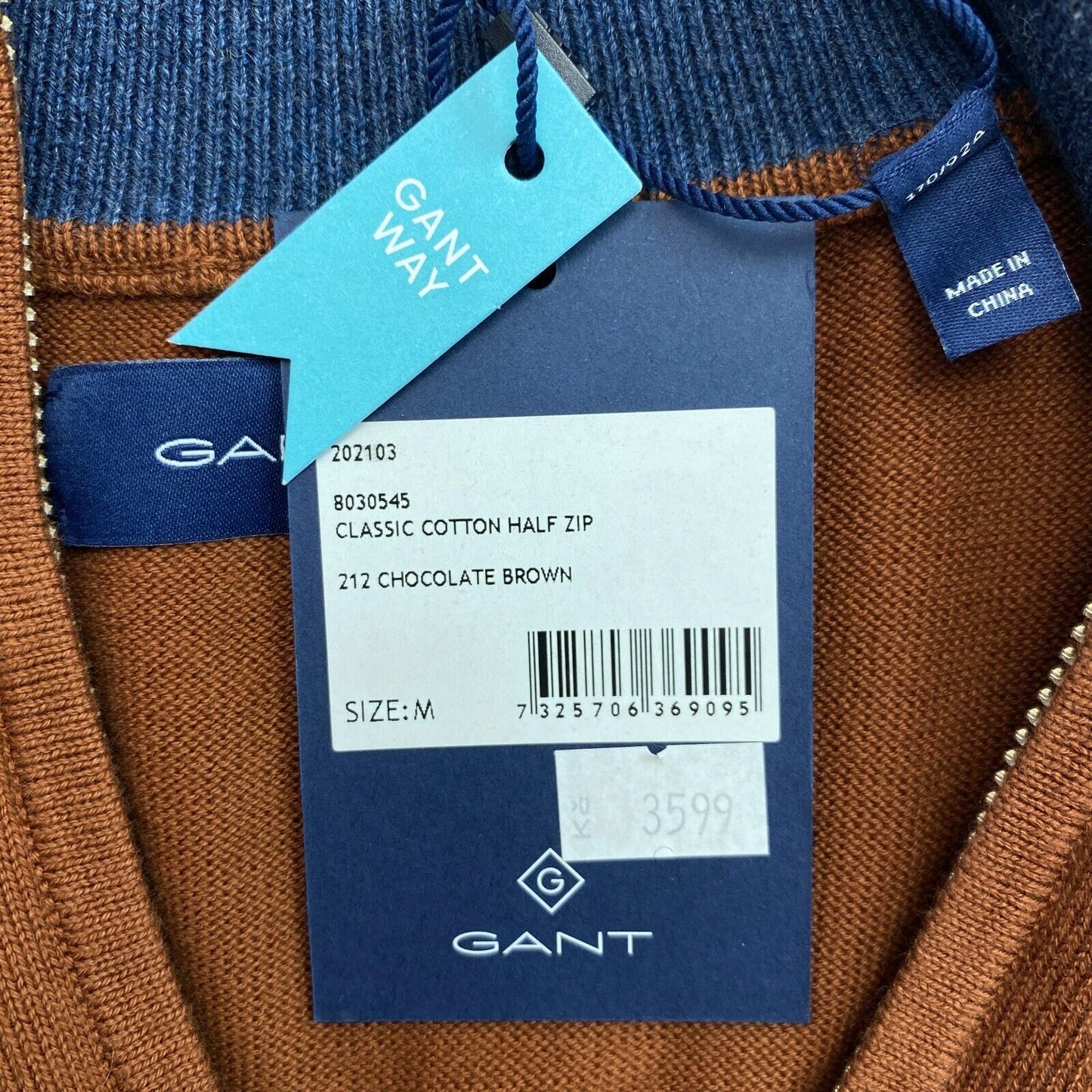 GANT Brauner klassischer Pullover aus Baumwolle mit halbem Reißverschluss, Größe M