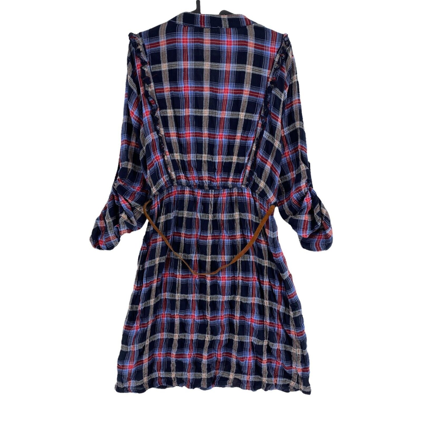 D.E.P.T. Plaid Navy Blue Deep V-Neck Shirt Dress Size L