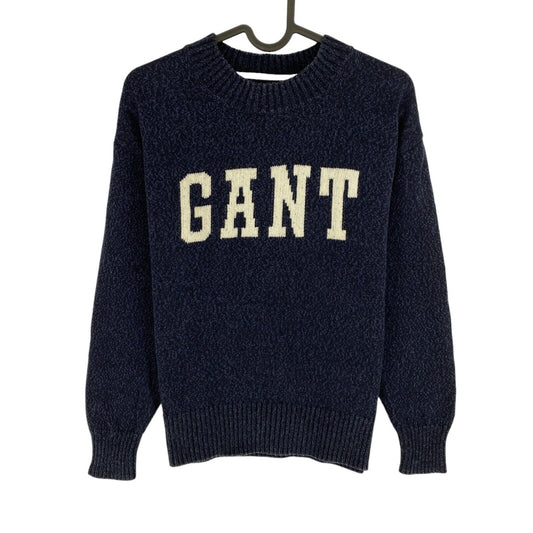 GANT Bleu Marine Logo 100% Coton Pull Col Ras Du Cou Pull Taille XS