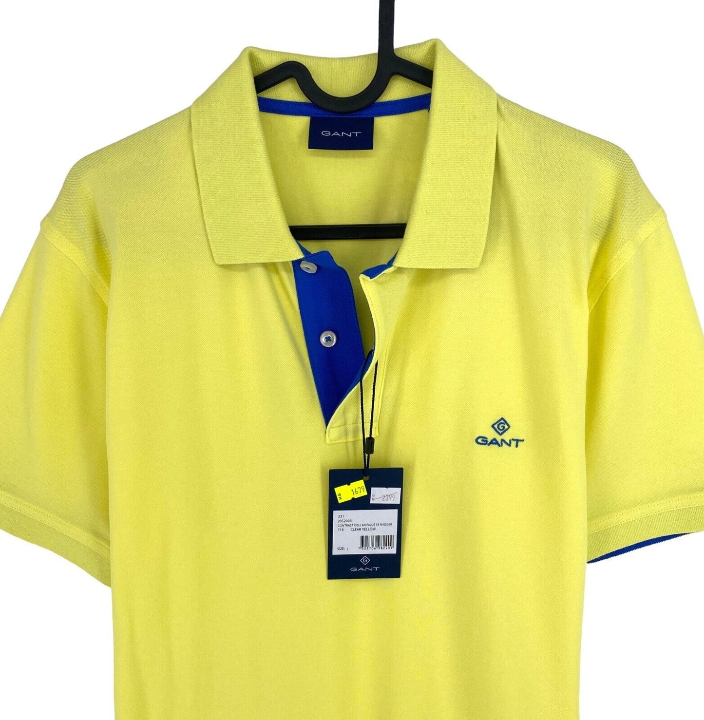 GANT Men Yellow Contrast Collar Pique Rugger Short Sleeves Polo Shirt Size L