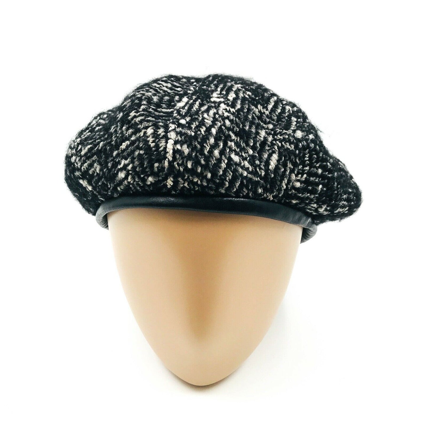 Persona Black White Wool Blend & Leather Beret Hat One Size