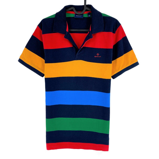 GANT Navy Blue Striped Pique Rugger Polo Neck Shirt Size S