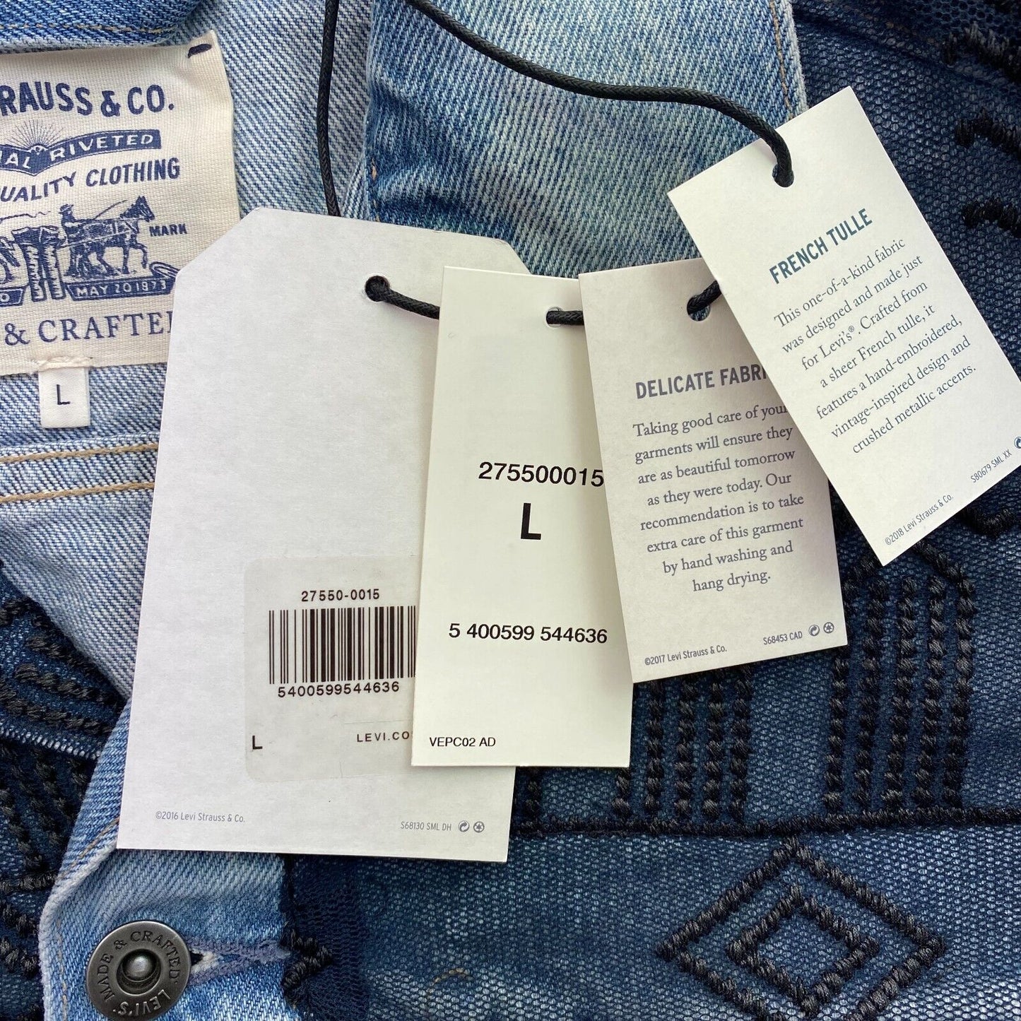 Levi`s Made & Crafted Women Blue Tulle Denim Trucker Jacket Coat Size L