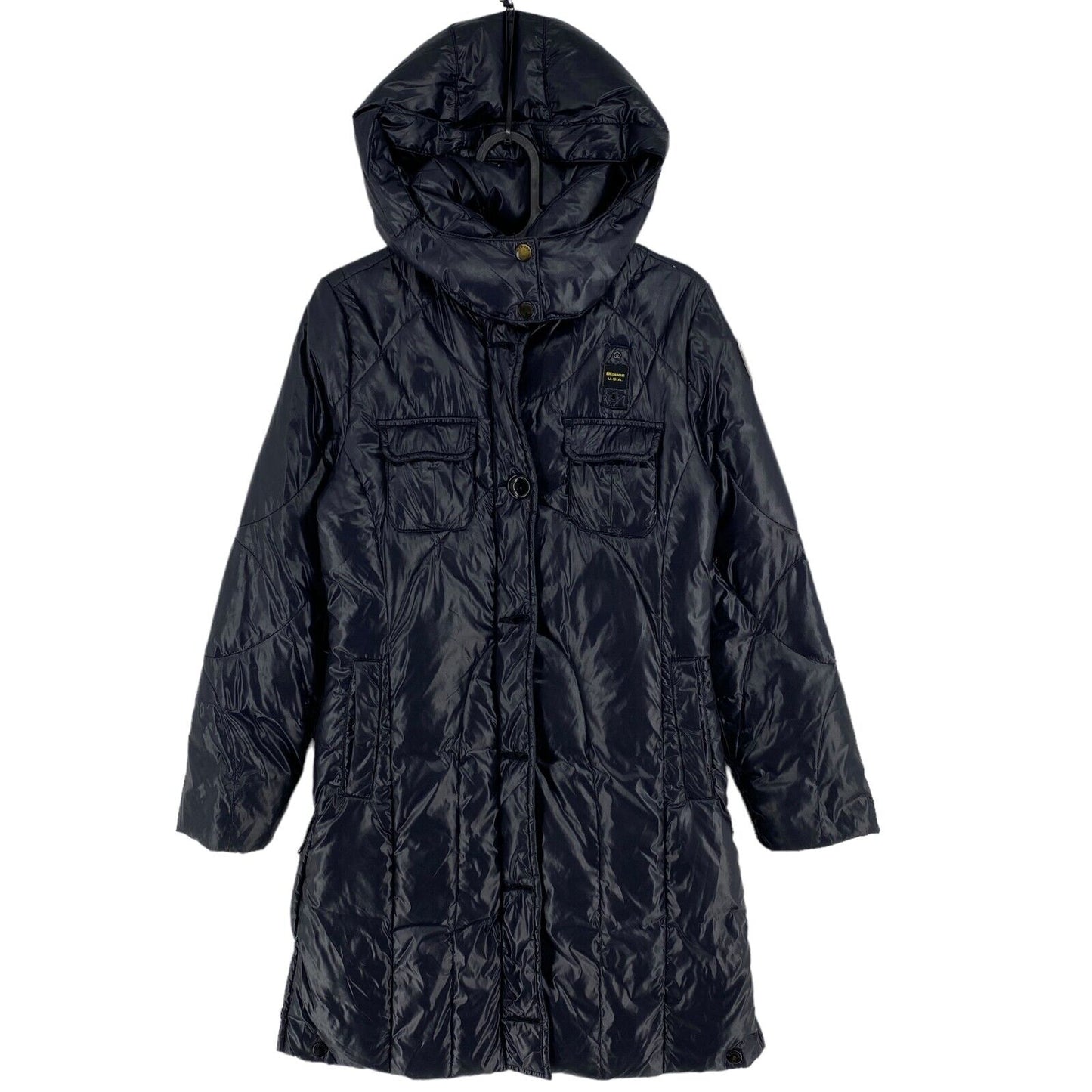 Blauer Bleu Marine Matelassé À Capuche Rembourré Parka Manteau Taille EU 42 UK 14 US 12