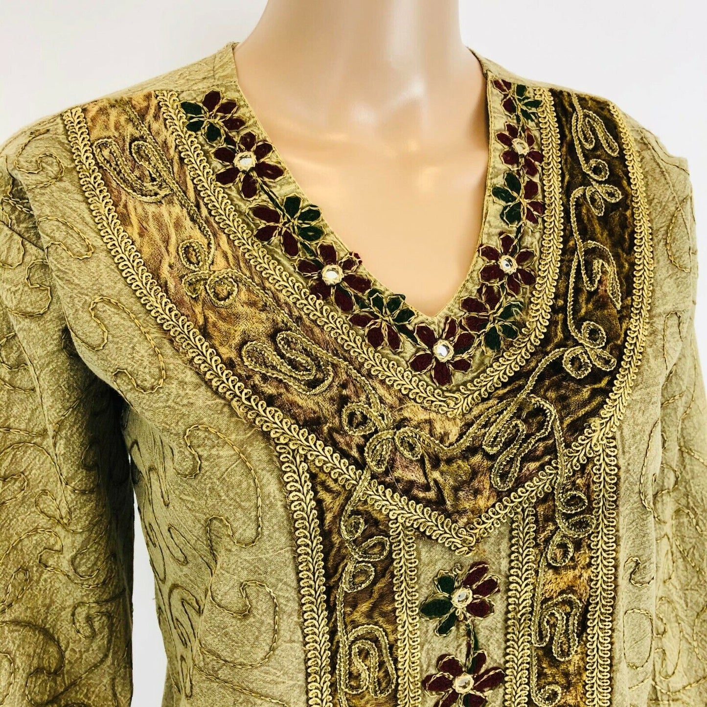 Olive Green Gold Embroided Kaftan Tunic Dress Size S