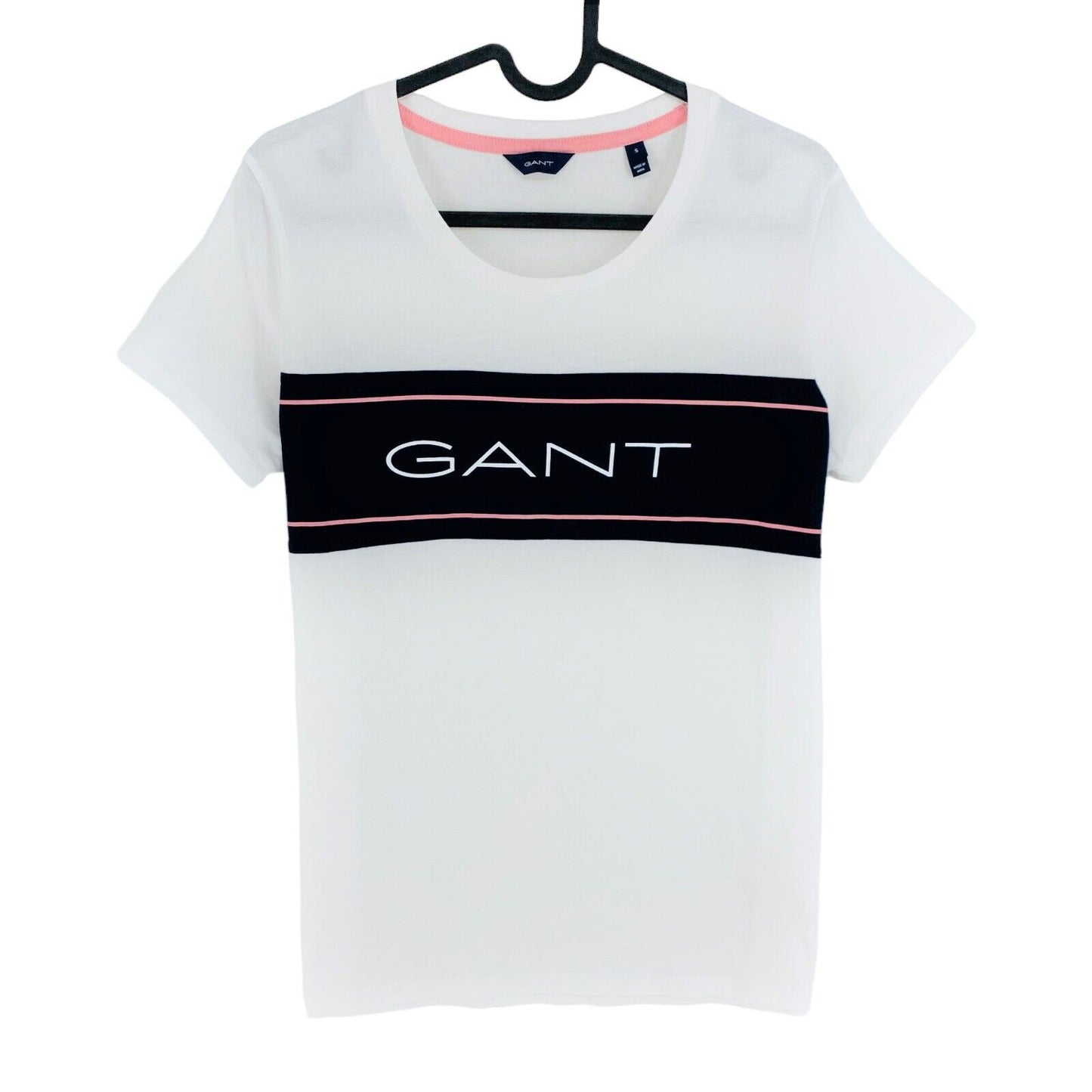 GANT White Logo Stripe Crew Neck T Shirt Size S