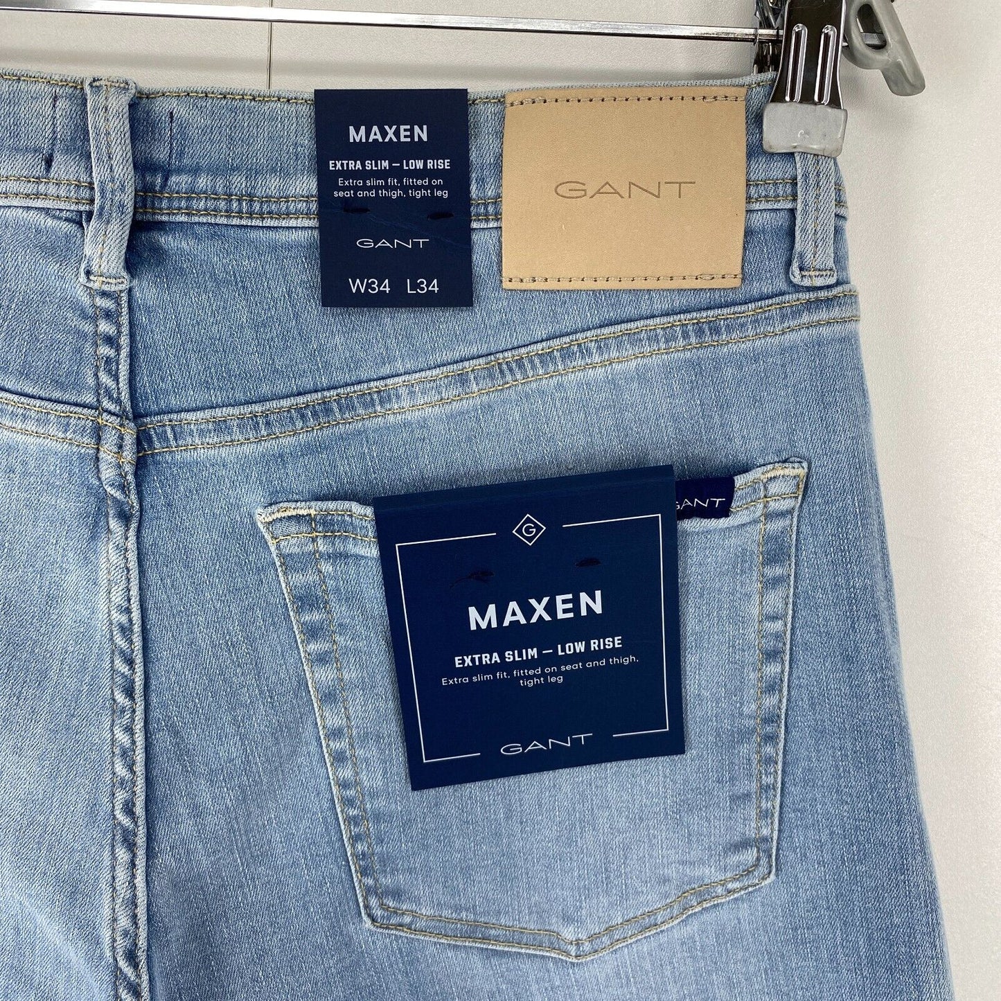 GANT MAXEN Mens Blue Stretch Low Rise Extra Slim Fit Jeans W34 L34