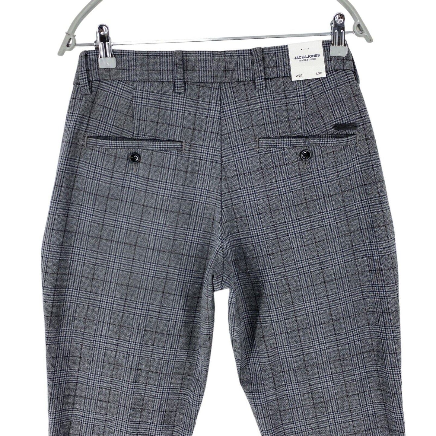 JACK & JONES Grey Checkered Stretch Slim Fit Dress Trousers W32 L32