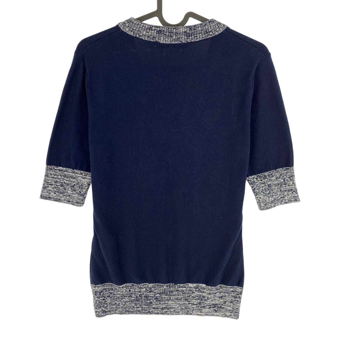 TRUSSARDI Marineblaue Strickbluse mit V-Ausschnitt und kurzen Ärmeln, Größe M