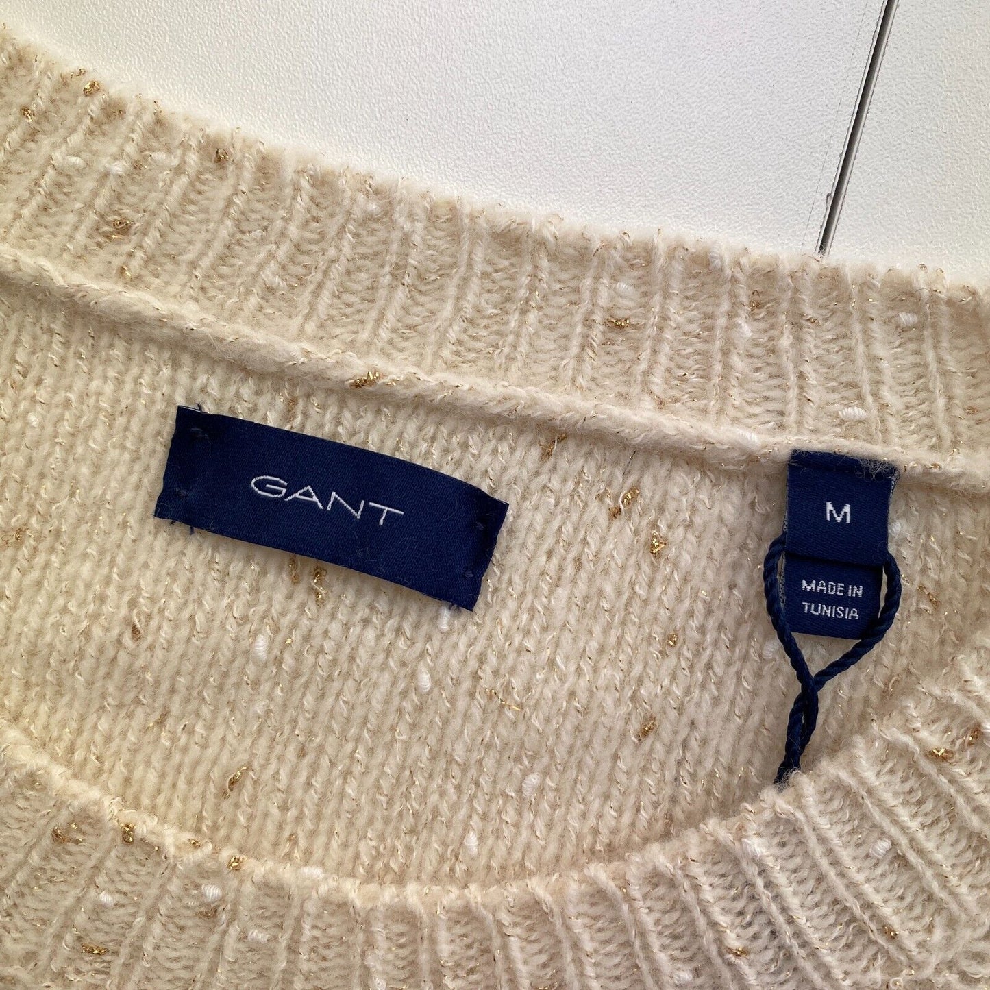 GANT Beige glitzernder Pullover aus Wollmischung mit Rundhalsausschnitt, Größe M