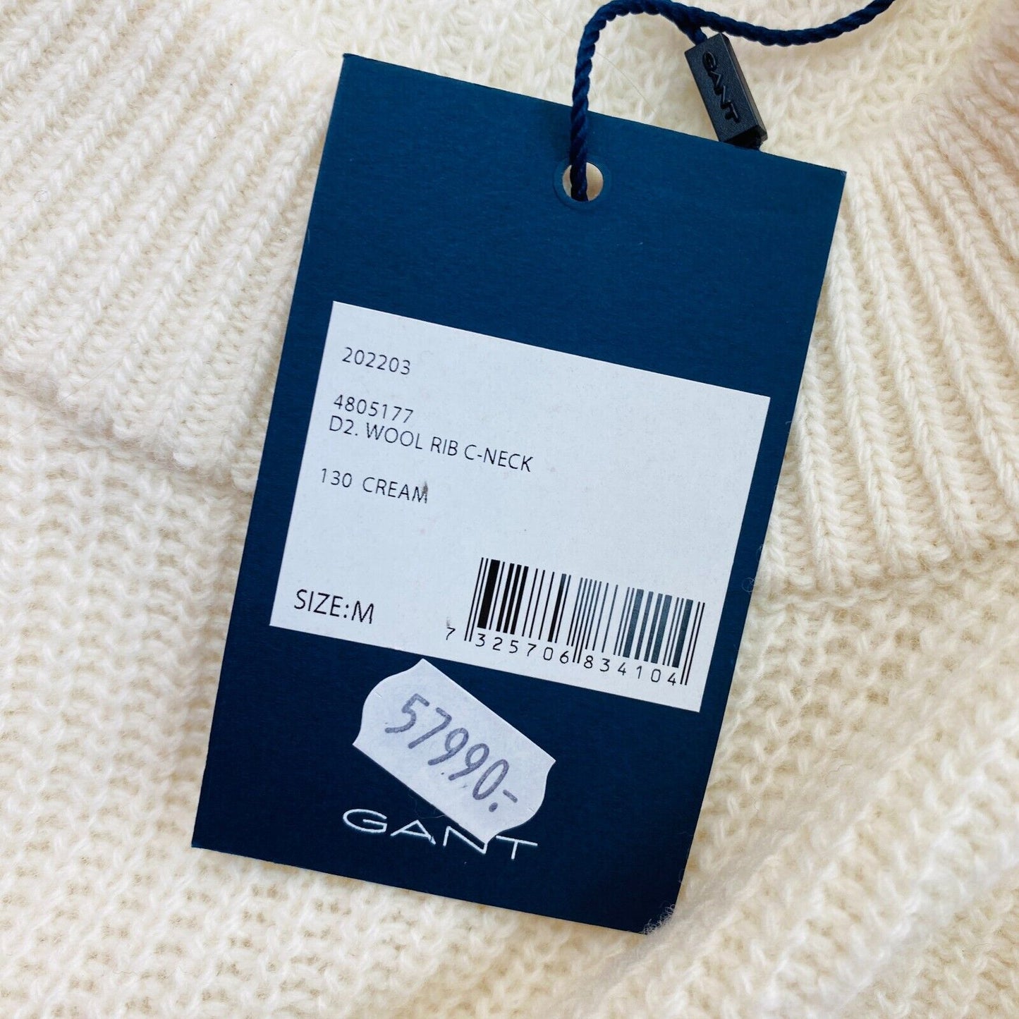 GANT Pull à col rond en laine beige côtelé Taille M