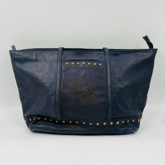 La Martina Dark Blue 100% Leather Shoulder Bag Handbag