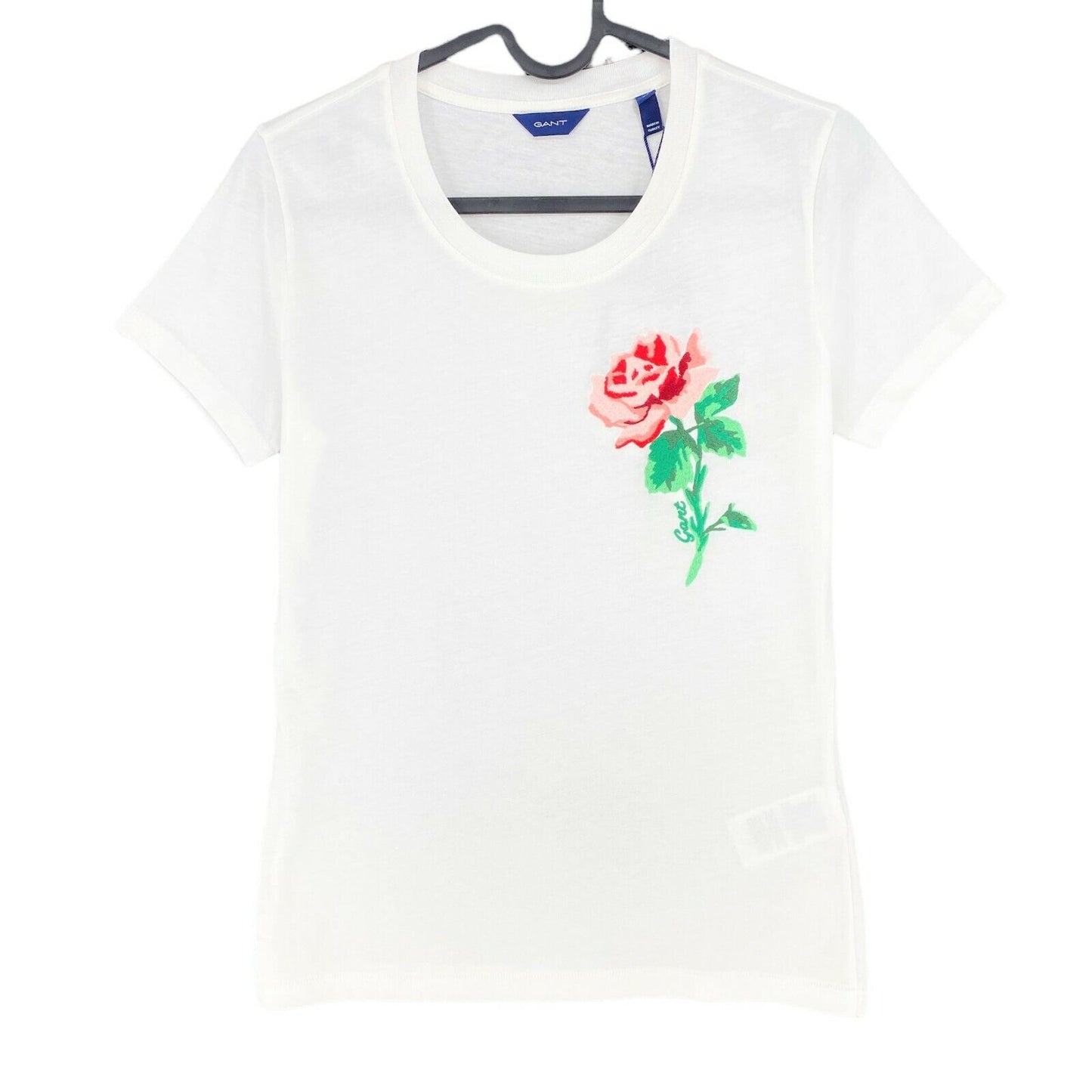 GANT T-Shirt mit Rundhalsausschnitt und Blumenstickerei, Größe XS, weiß