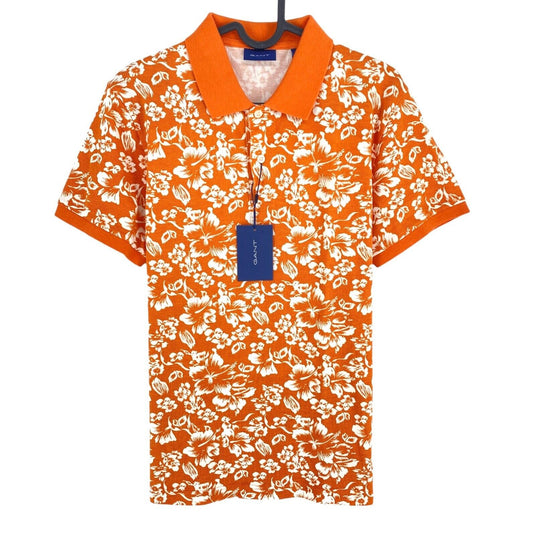 GANT Men Orange Floral Print Pique Short Sleeve Polo Shirt Size S