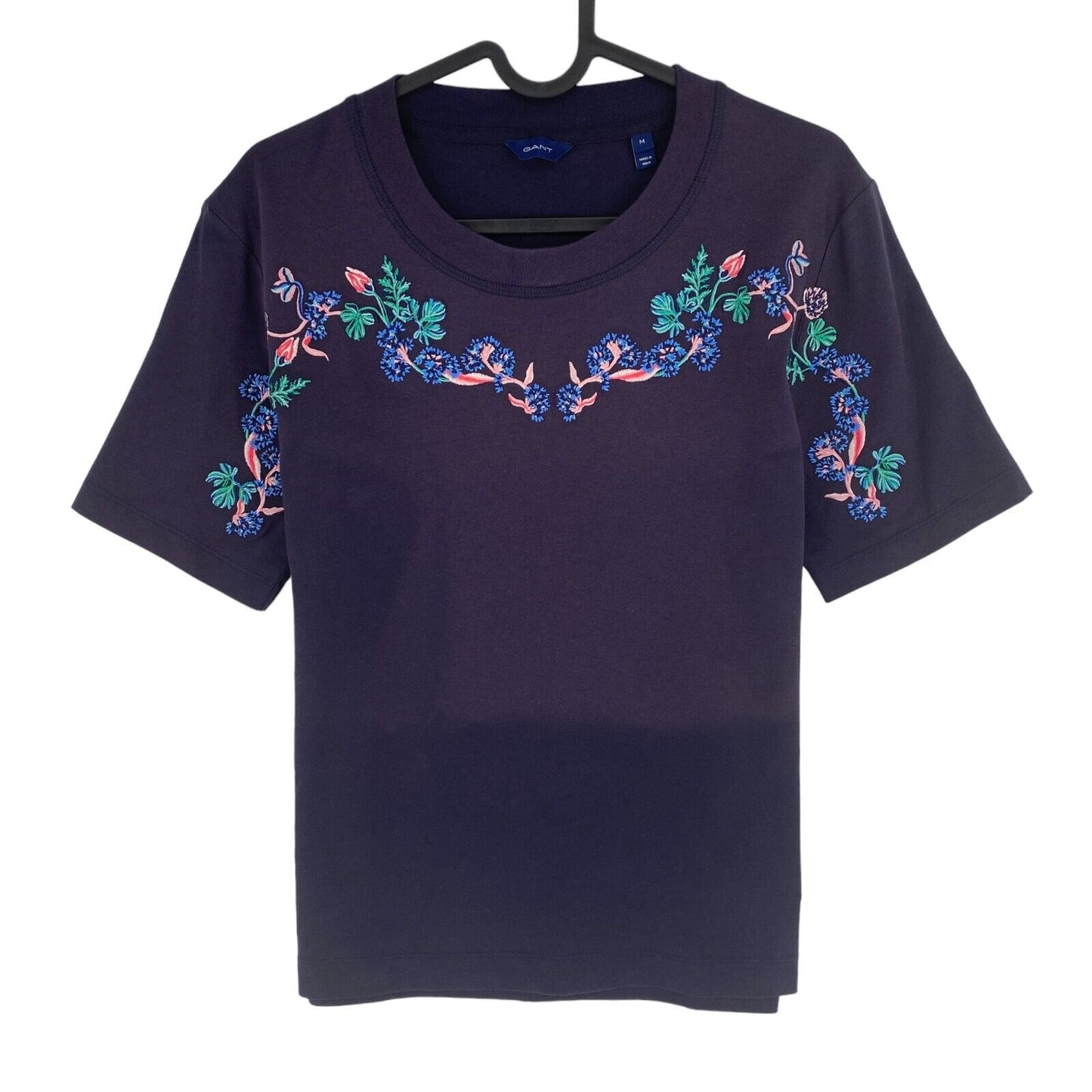 GANT Women Navy Blue Flower Embroidered Crew Neck Short Sleeve T Shirt Size M