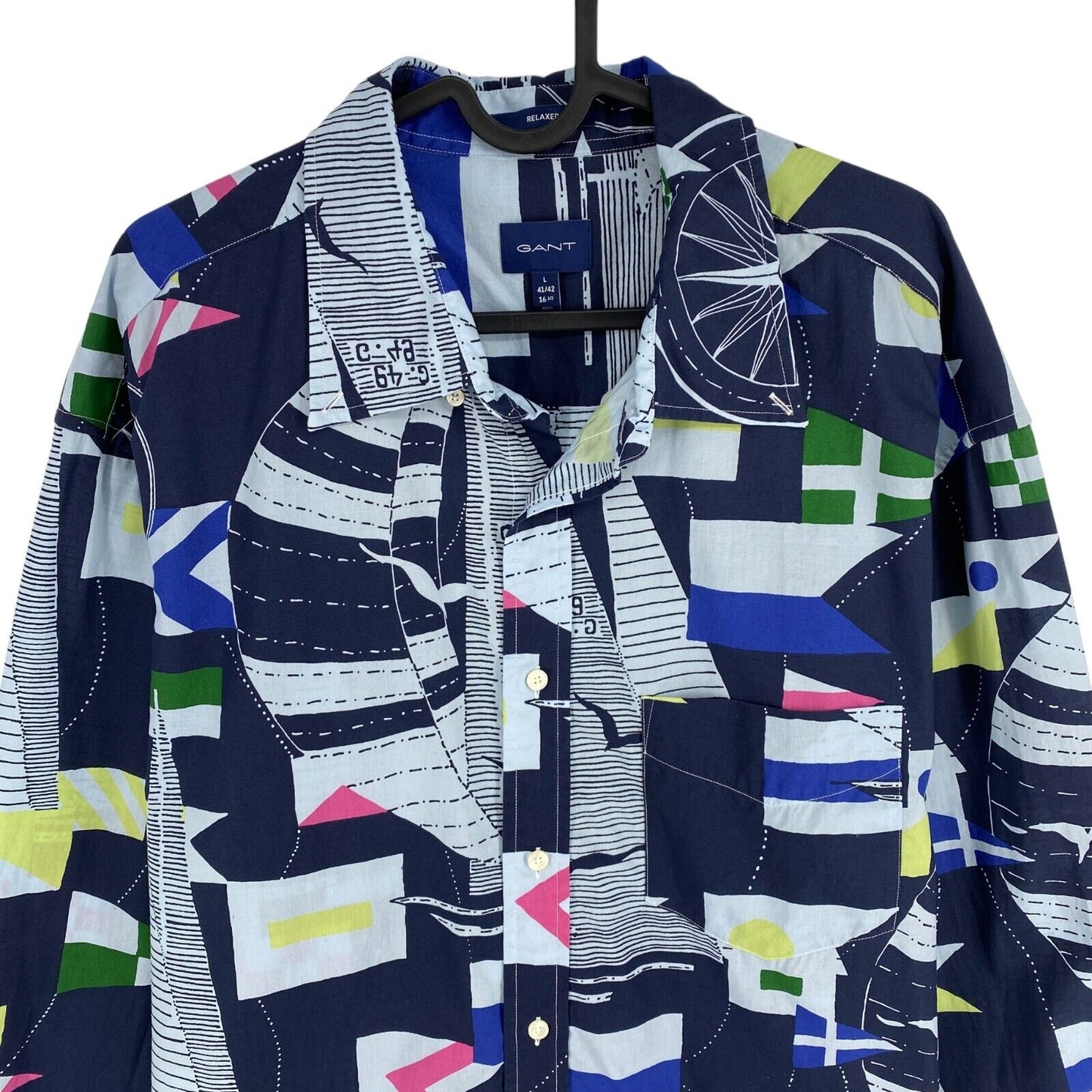 GANT Navy Blue Sailing Print Relaxed Shirt Size L 41/42 16.5