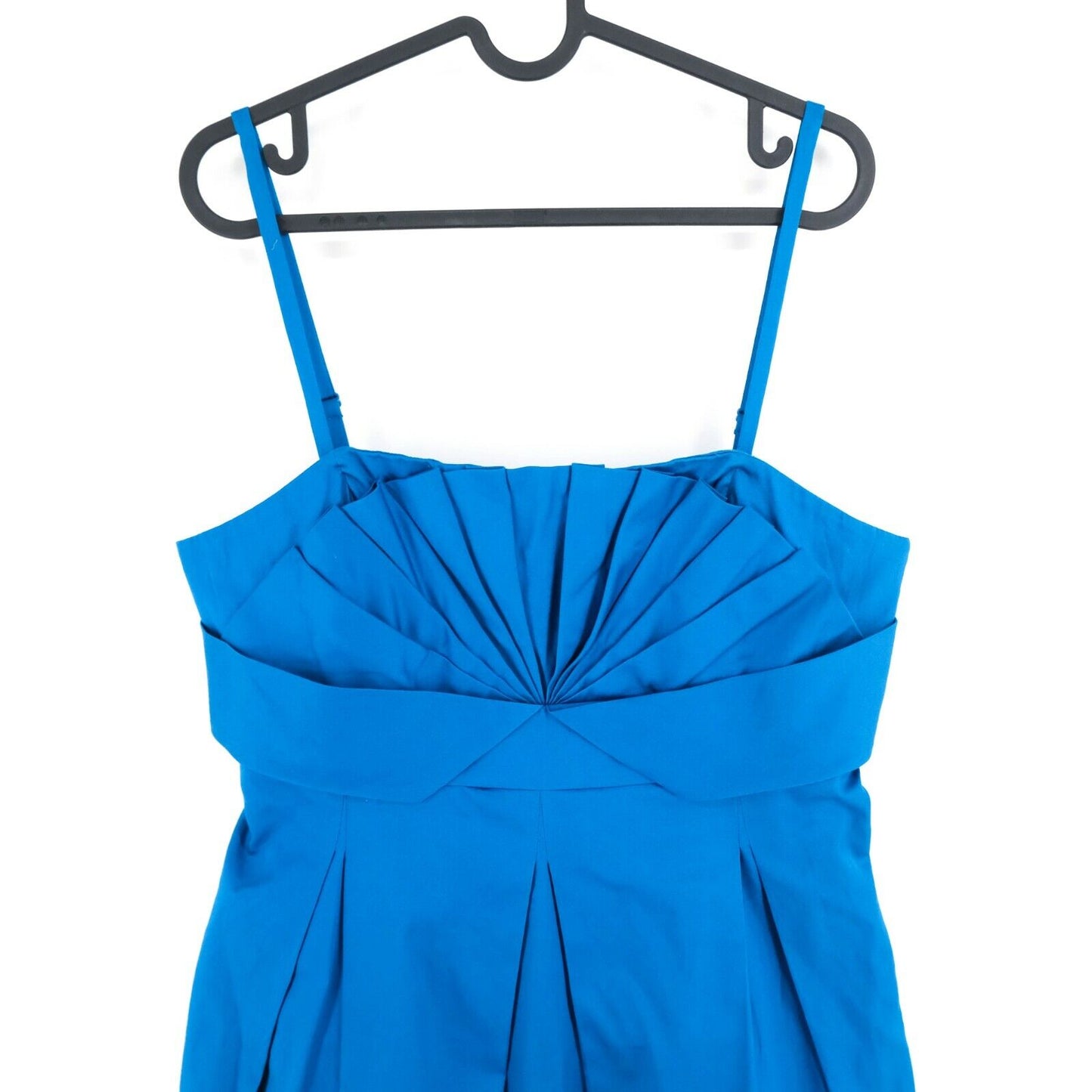 TED BAKER London Blaues plissiertes, ärmelloses Kleid mit Fächerbüste, Größe 4 – L