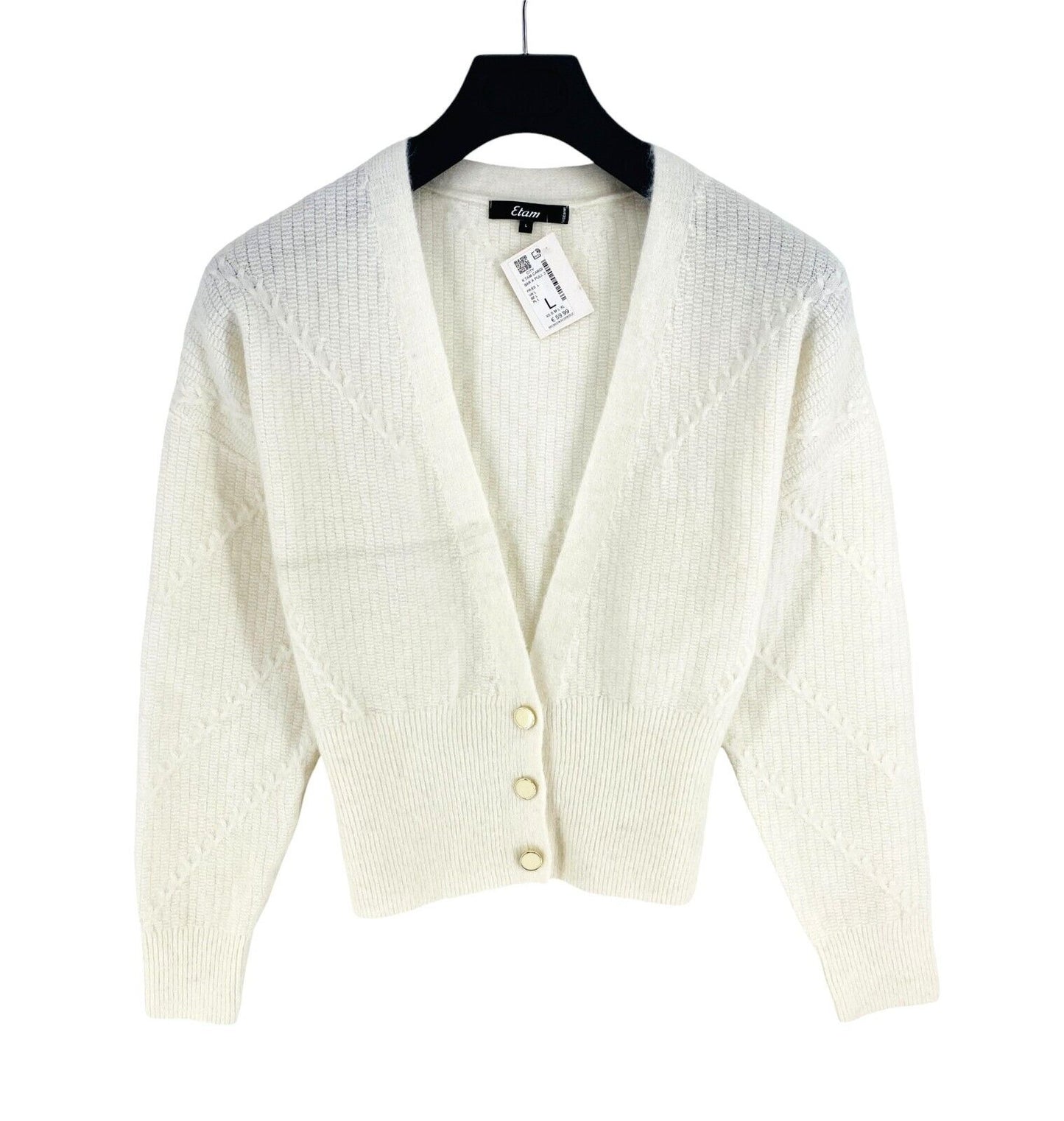 Etam Women White V Neck Cardigan Sweater Jumper Pullover Size L