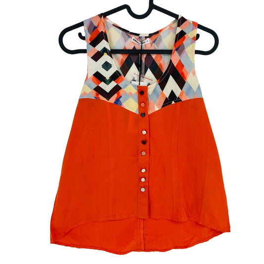 GINGER SOUL Géométrique Orange Sans Manches Col Rond Top Blouse Taille S