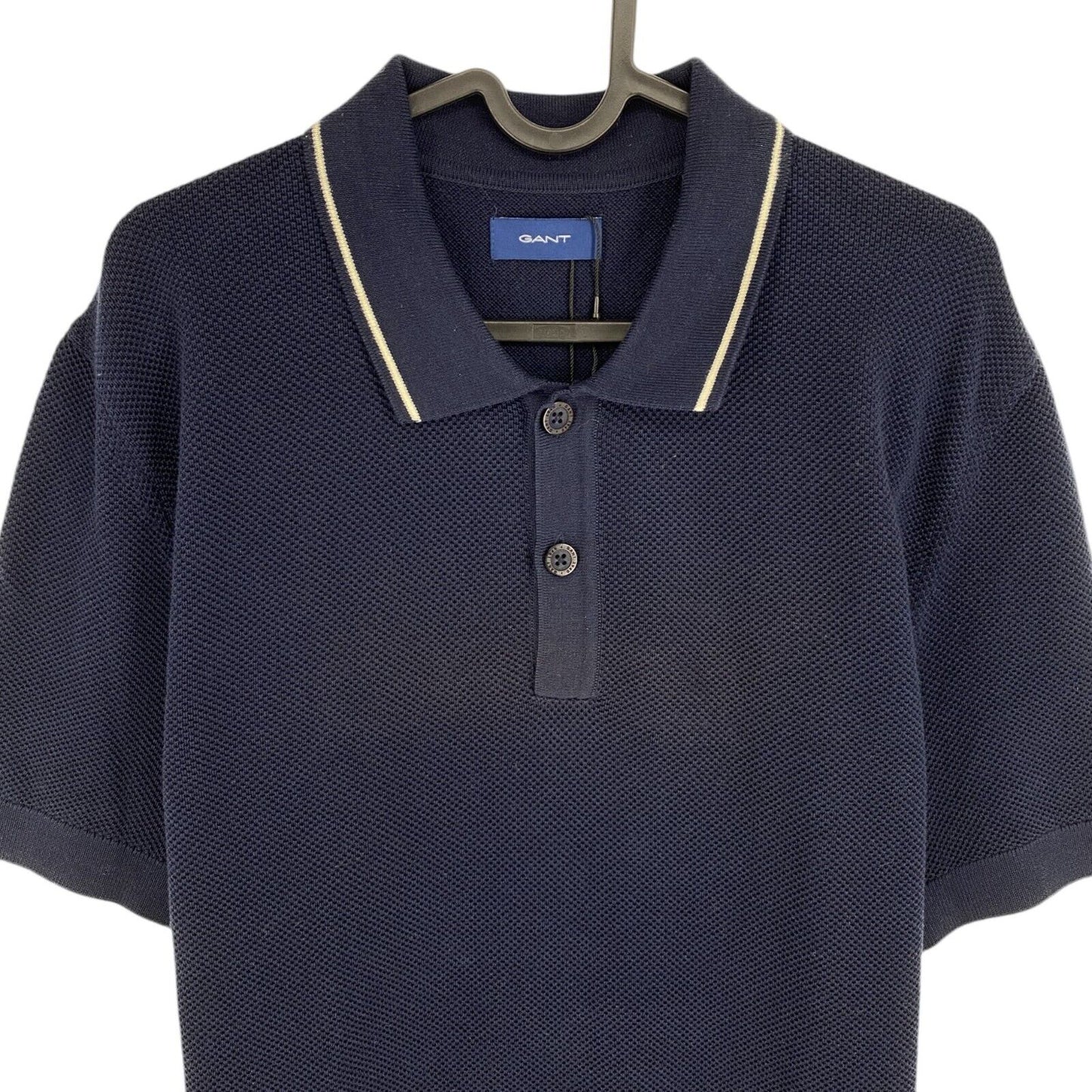 GANT Men Navy Blue Texture Pique Rugger SS Polo Shirt Size XL