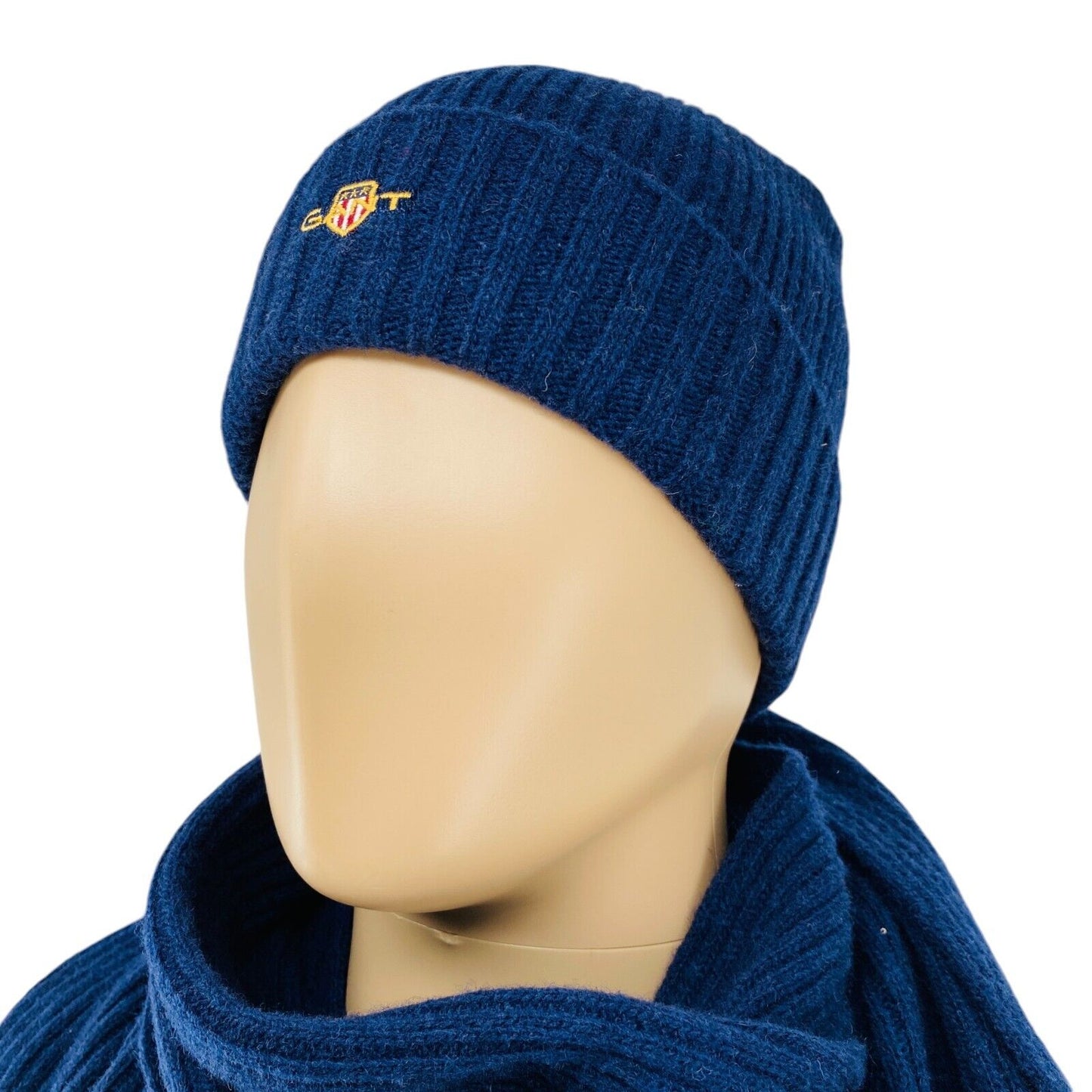 GANT Dark Blue Unisex Teen Wool Knit Hat Beanie Scarf Gift Set Size L - XL